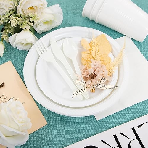 Miniatura 3 de MirthMood - 350 platos desechables blancos, platos desechables redondos de color sólido para fiestas, incluyendo 50 platos llanos, 50 platos de