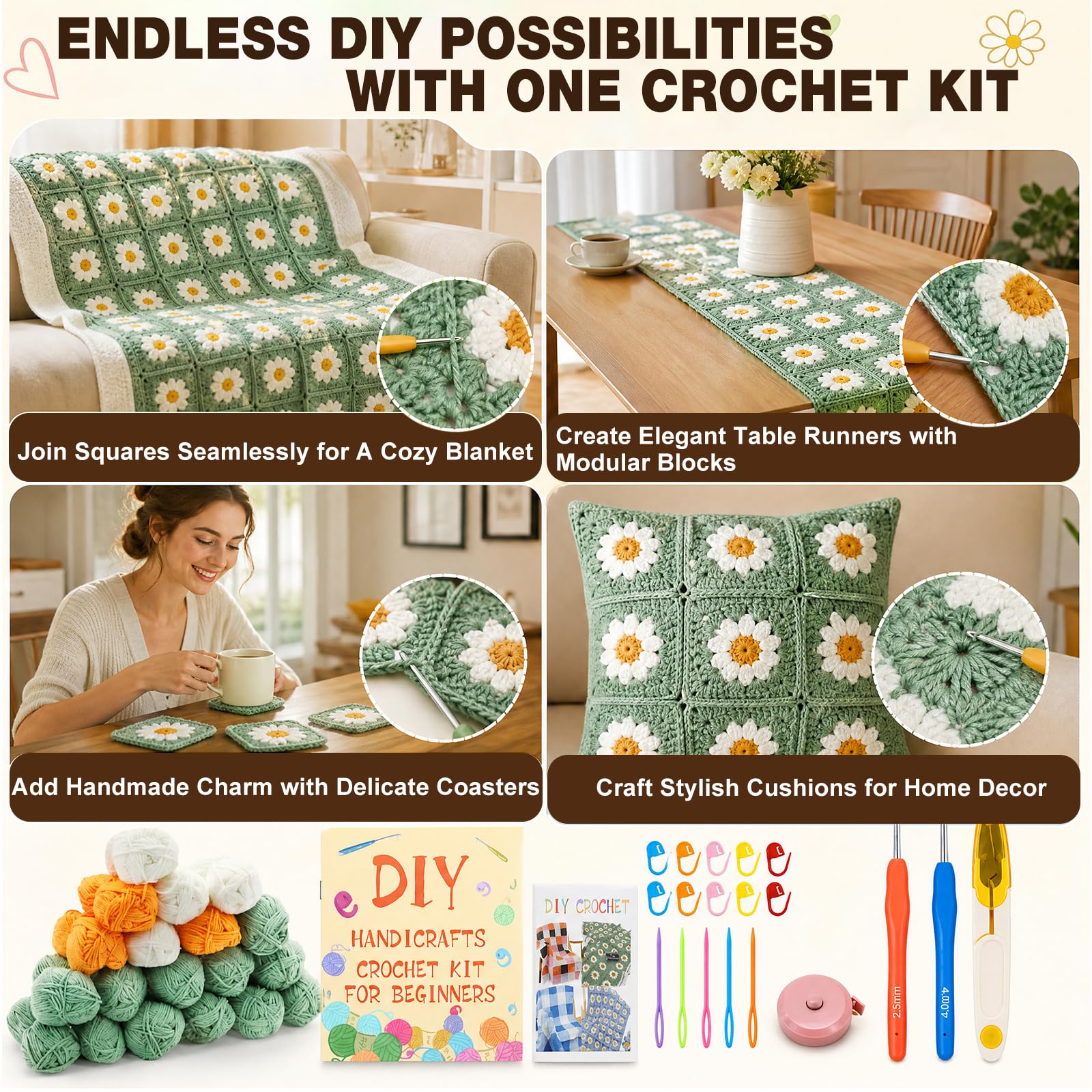 RANJIMA Set all'uncinetto per principianti, set per coperta con margherite, set completo con uncinetto, filato per uncinetto, colore verde