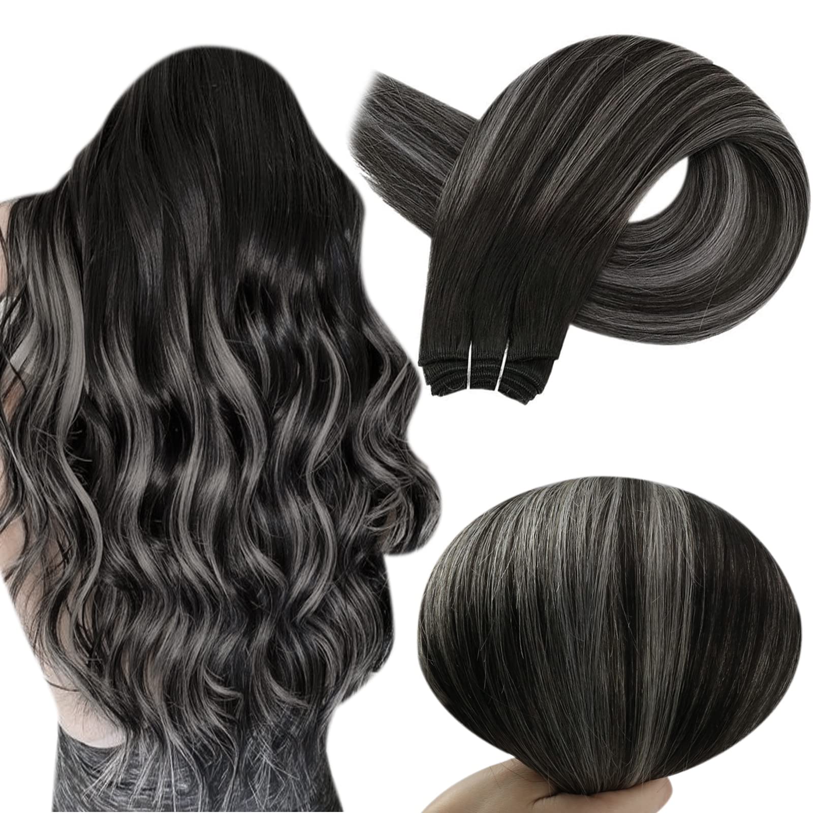 Full Shine 24inch Weft Hair Extensions Human Hair 105g Ombre Off Black Balayage Silver Remy Hair Extensions Human Hair Sew in Extensions Human Hair Bundles Double Weft Silky Soft Hair