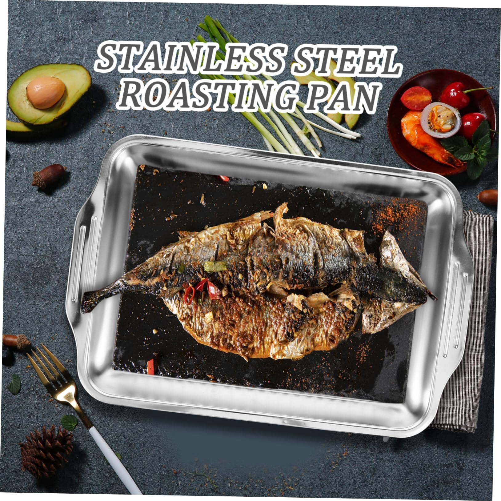 POPETPOP Stainless Steel Multi Use Roasting Rectangular Tray for Grilling Fish Seafood Durable Cooking Tray for Induction Cookers Practical Design for Flipping