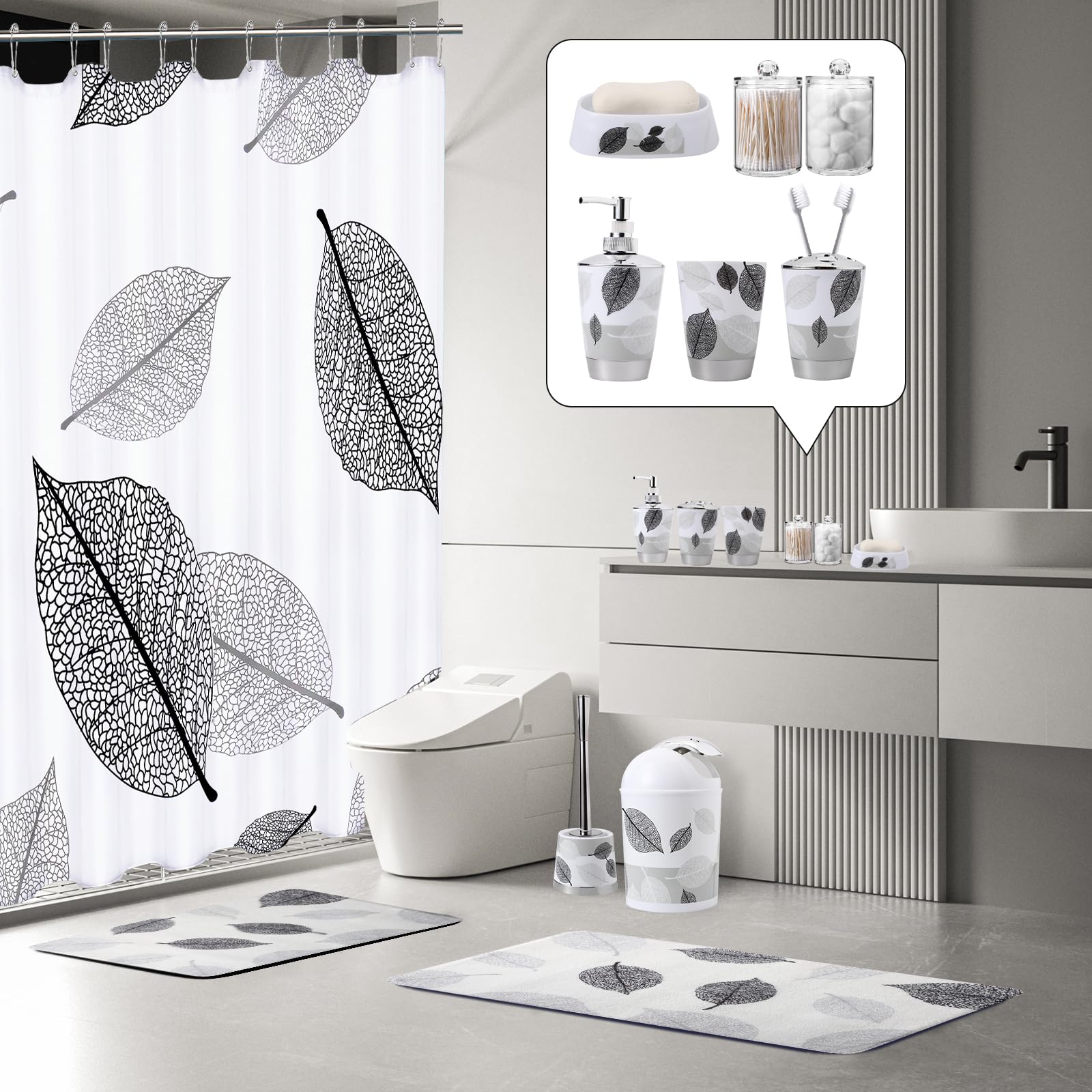 Juego de accesorios de baño grises con cortina de ducha de hojas grises, 12 juegos de baño con papelera, soporte para cepillo de dientes, vaso, dispensador de loción, bandeja, jabonera, cepillo de