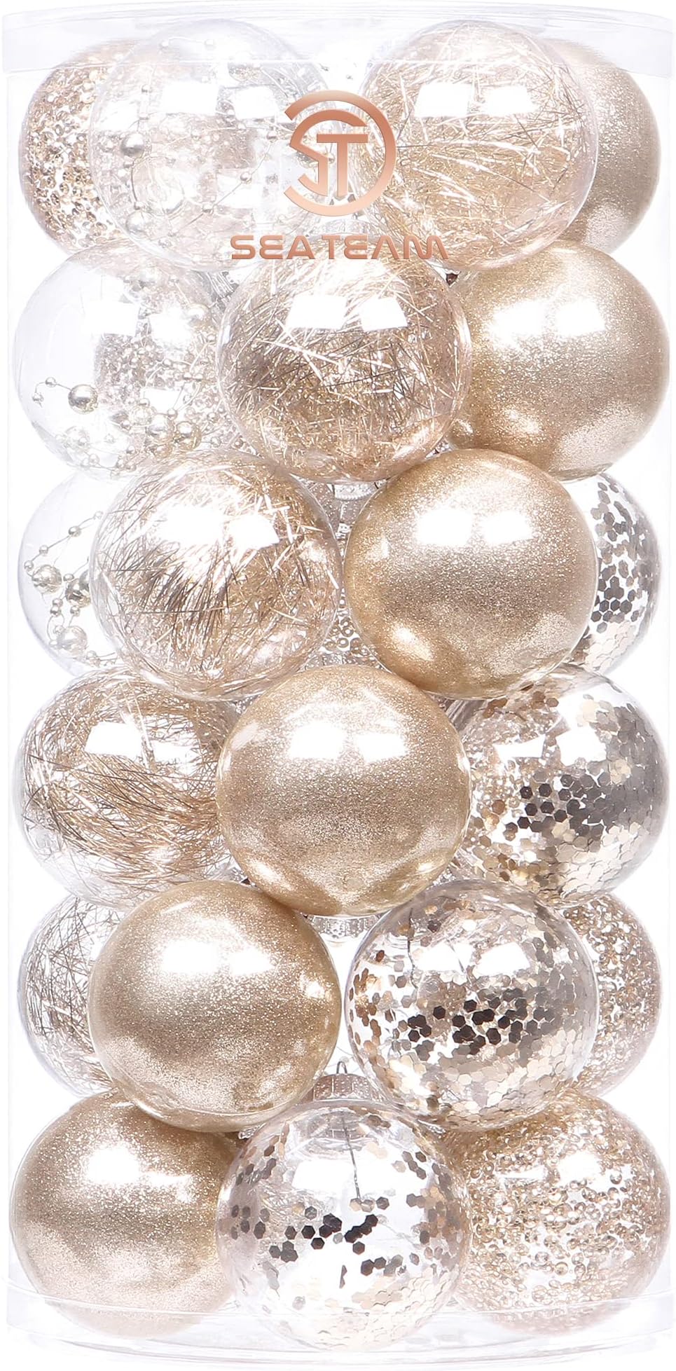 Sea Team 60mm/2.36" Shatterproof Clear Plastic Christmas Tree Ball Ornaments Set, Decorative Hanging Transparent Xmas Baubles with Stuffed Delicate Decorations (30 Counts, Champagne)