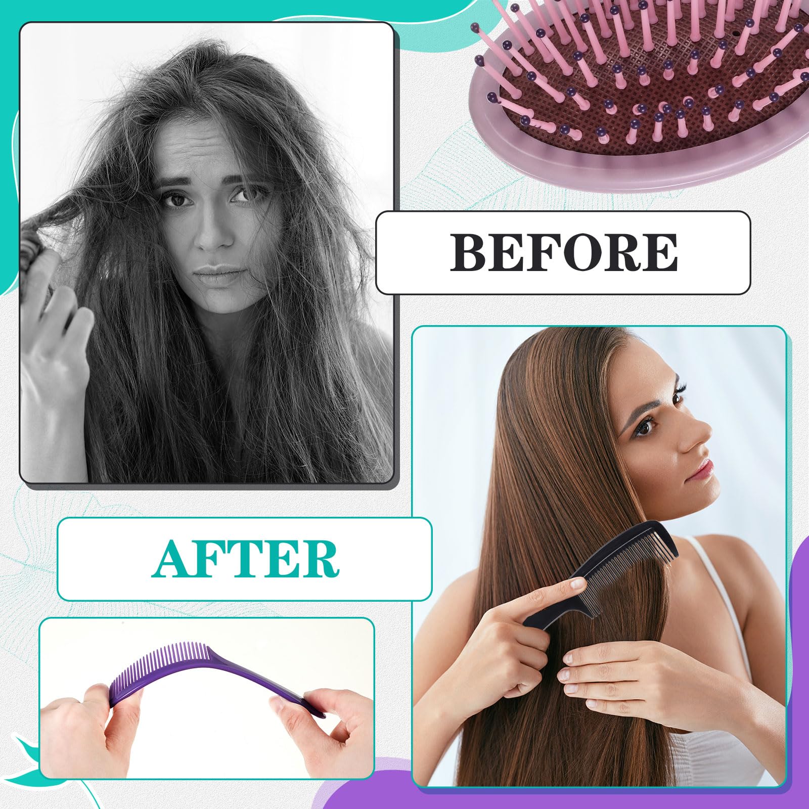 FillTouch Juego de 48 mini cepillos y peines para el cabello a granel para personas sin hogar envueltas individualmente, pelo rizado grueso, largo, alisador, cepillo desenredante para mujeres,