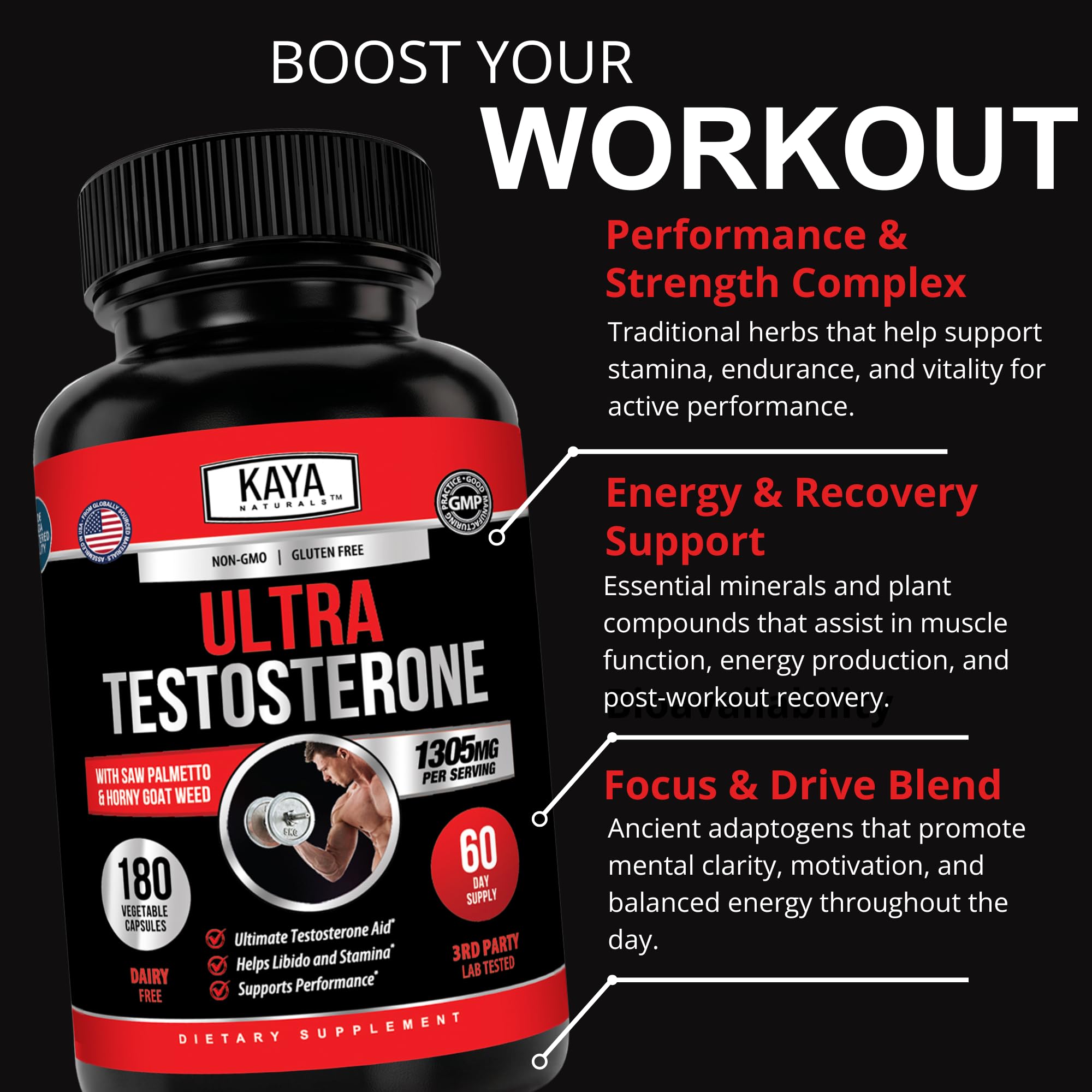 Kaya Naturals Ultra Testosterone - Men's Testosterone Booster - 180 Count — Amazon image 5