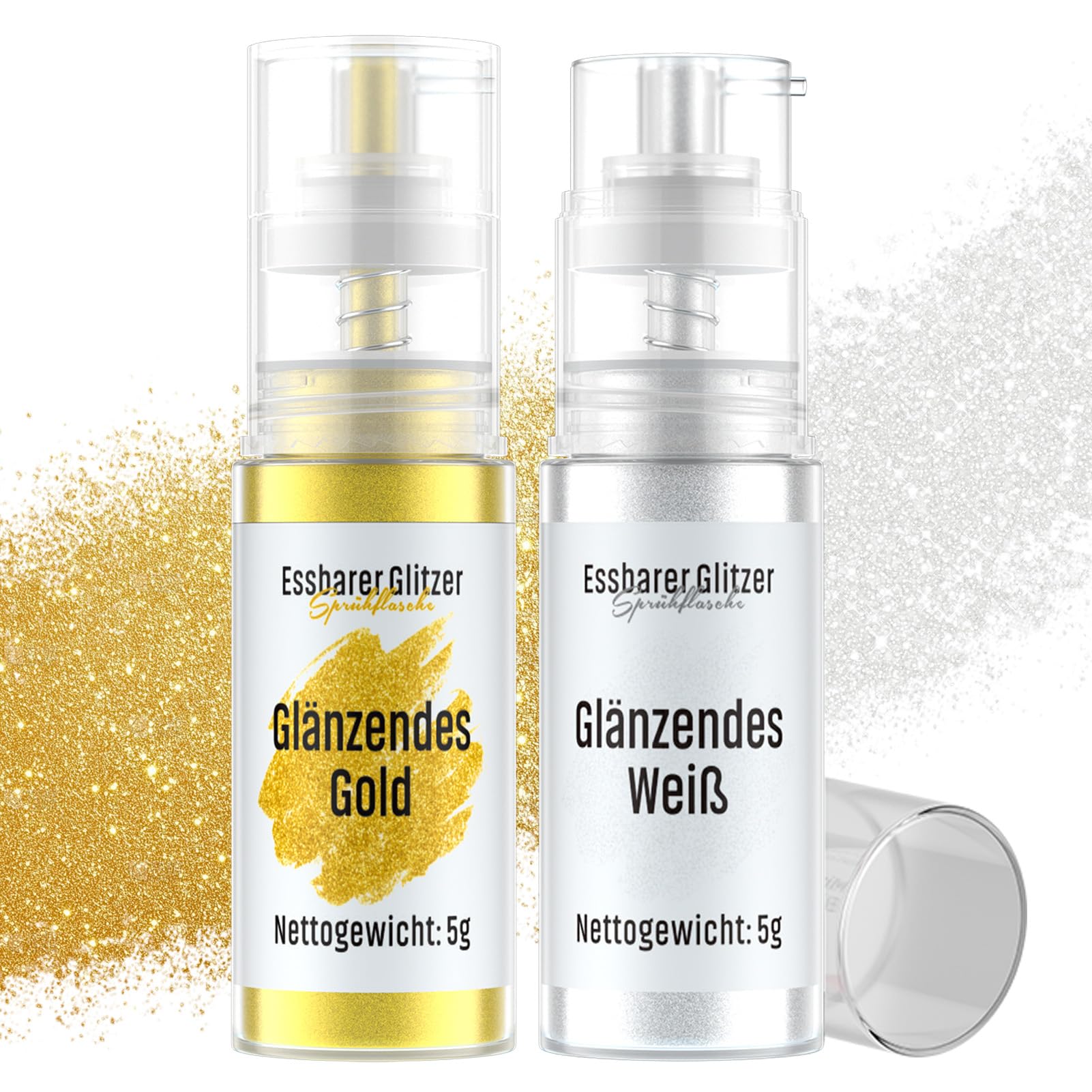 Essbarer Glitzer Spray Gold & Weiß, Wwtop 2 Farben set Lebensmittel Glitzer für Getränke Puder Essbar für Backen, Erdbeeren, Cupcakes, Kuchen, Fondant, Cocktails, Schokolade (5g)