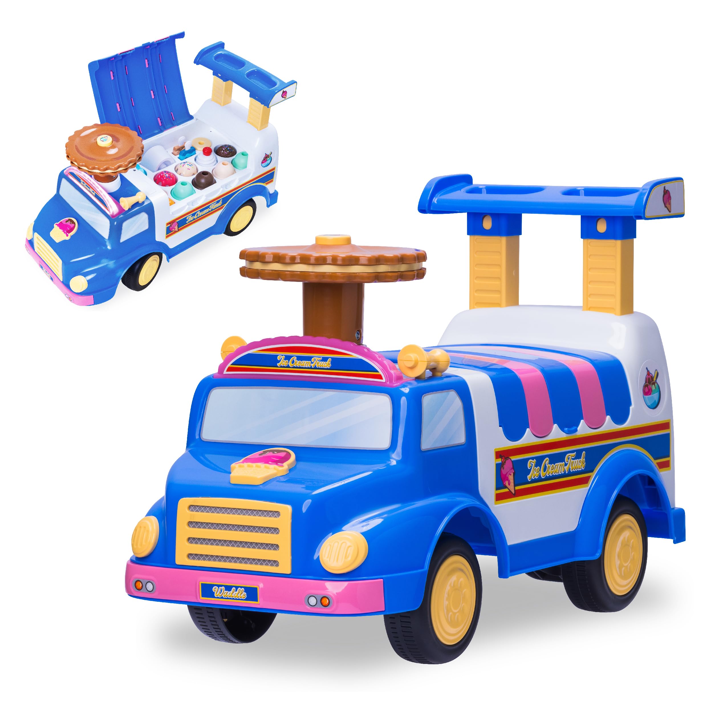Waddle Ice Cream Toy Truck for Kids - Ride On Toddlers Toys 1-3, Playset Includes 4 Scoops Ice Cream, 4 Toppings, 2 Popsicles, 1 Bowl, 1 Cone, 1 Scoop, Indoor, Outdoor Toddler Toys, Up to 44 lbs.