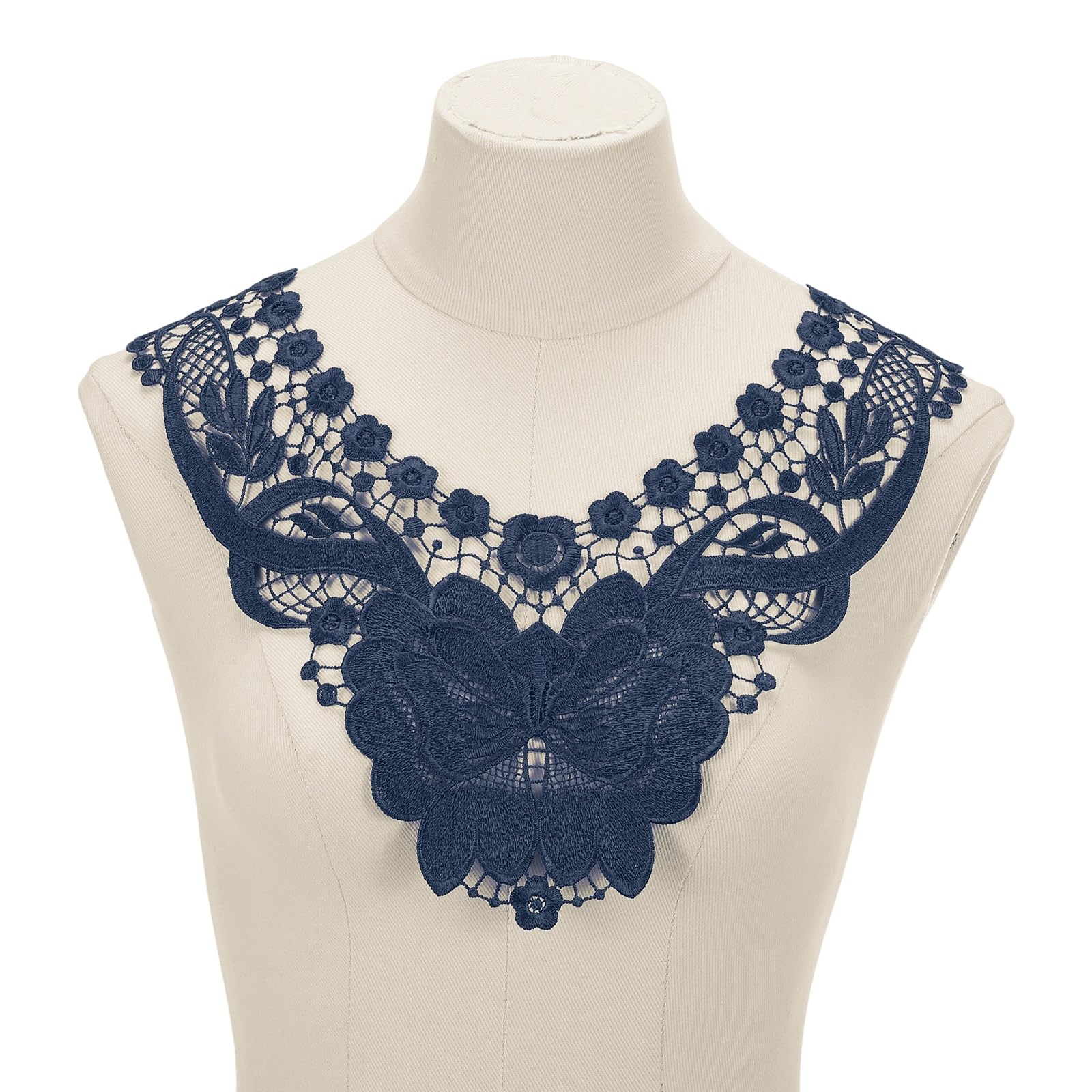 sourcing map 2 Pcs Lace Applique, 14" Lace Collar Floral Applique Sew on Embroidery Trim Neckline for Sewing Accessories DIY Craft Fabric Patches Wedding Dress Decoration, Navy Blue