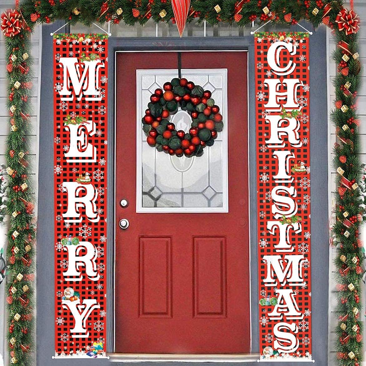 Fecedy MERRY CHRISTMAS Hanging Banner Porch Sign With Pattern Christmas tree Presents Snow Banner For Home Yard Indoor Outdoor Wall Door Christmas Party Decorations 72"x12"