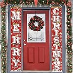 FECEDY Merry Christmas Hanging Banner Porch Sign with Pattern Christmas Tree Presents Snow Banner for Home Yard Indoor Outdoor Wall Door Christmas Party Decorations 72x12
