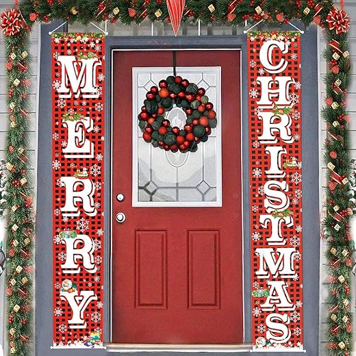 FECEDY Merry Christmas Hanging Banner Porch Sign with Pattern Christmas Tree Presents Snow Banner for Home Yard Indoor Outdoor Wall Door Christmas Party Decorations 72"x12"