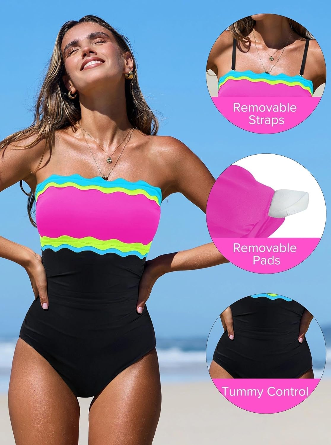 popvil One Piece Swimsuits for Women Tummy Control Strapless Bathing Suits 2026 Neon Bandeau Swimwear