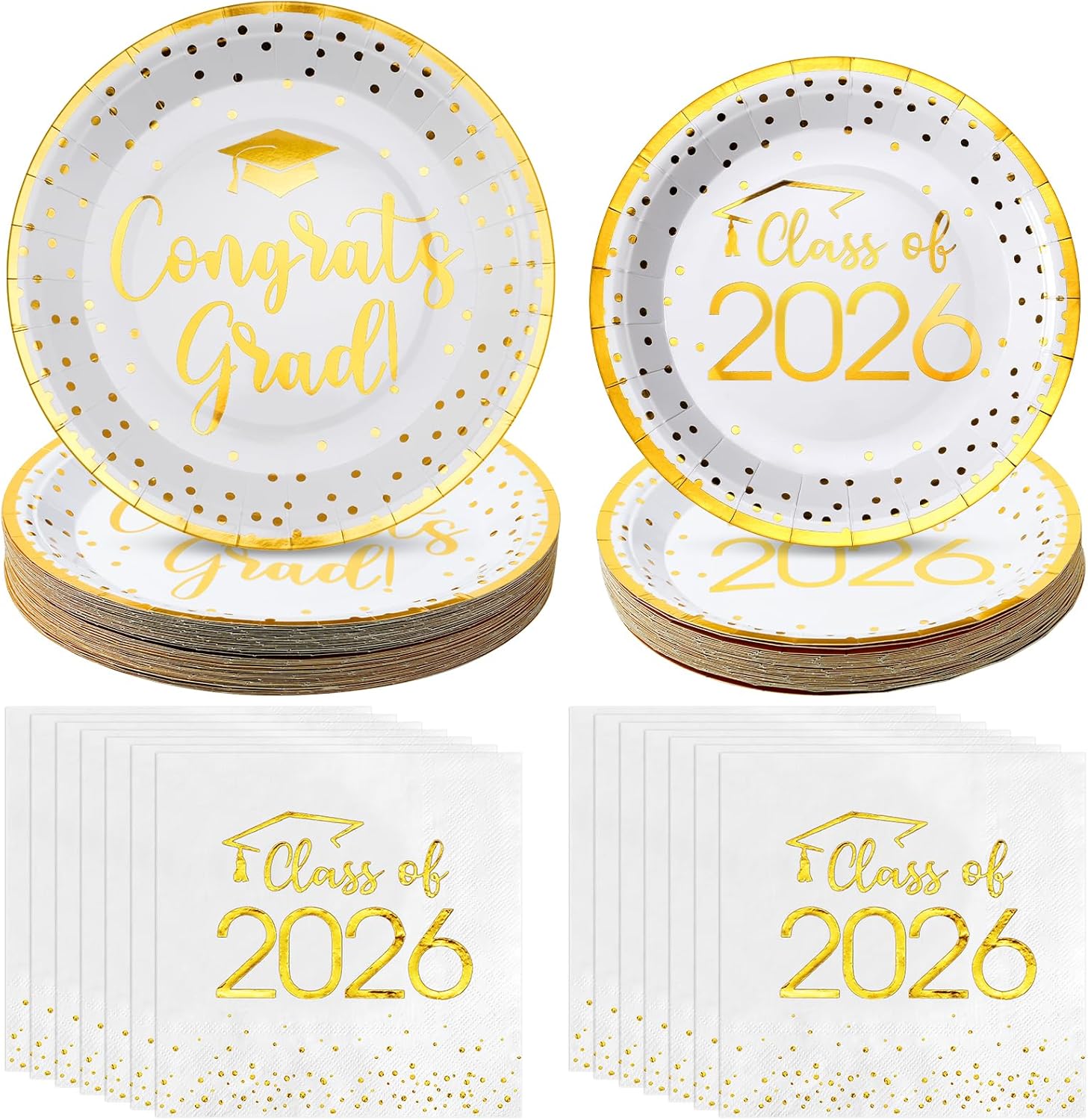 MASHAN 150Pcs Graduation Plates and Napkins Set, Class of 2026 Disposable Gold foil Tableware for College High School Congrats Grad Graduation Party Decoration and Supplies, Serve 50(White Gold)