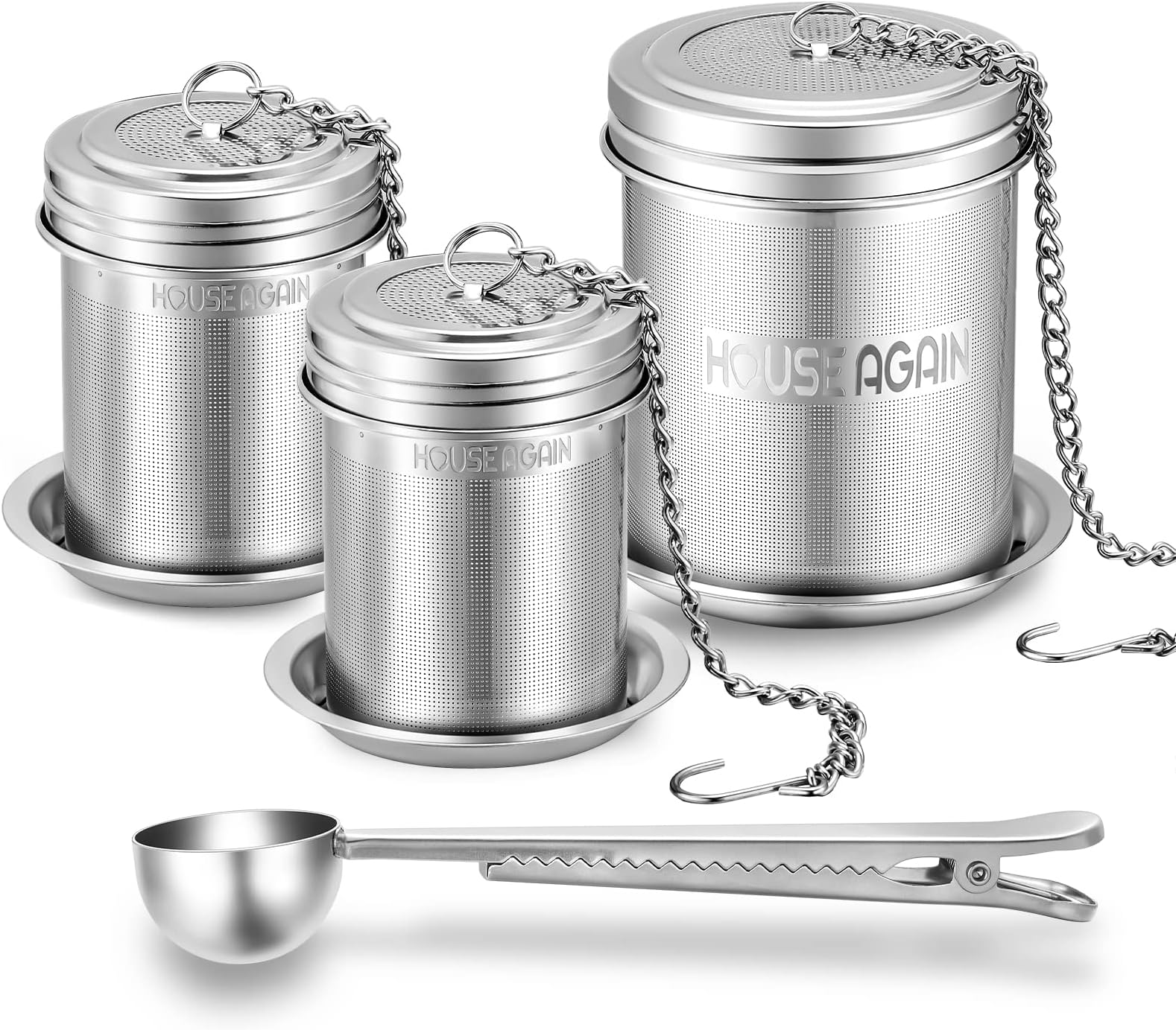 House Again Tea Infuser (2+1 Pack with scoop), Extra Fine Mesh Tea Infuser Set, 18/8 Stainless Steel Tea Strainer with Extended Chain Hook, Tea Steeper for Brew Tea, Spices & Seasonings