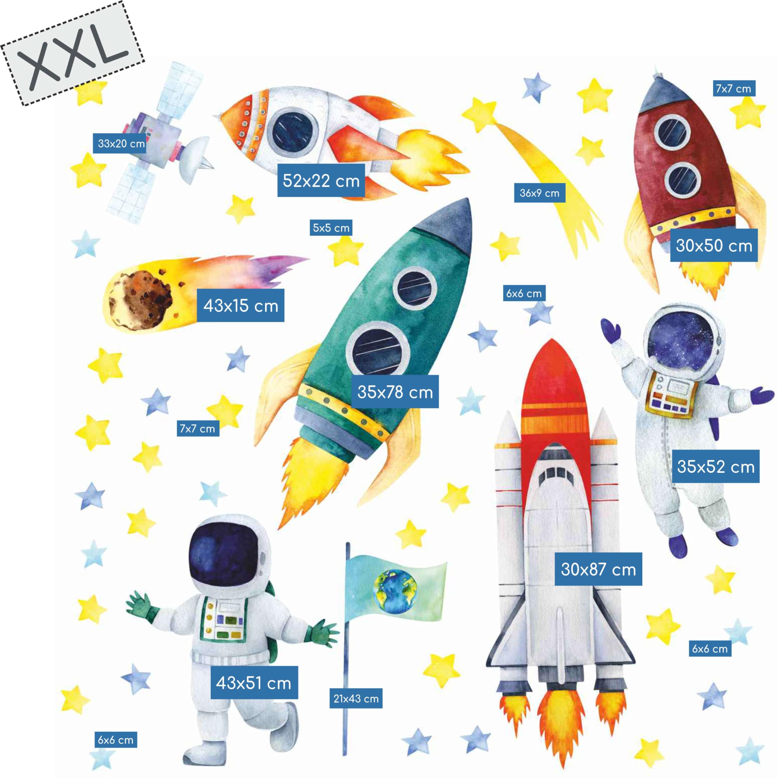 Adesivo da parete ad acquerello, spaziale, razzi, cosmonauti, peeling e incollaggio, spazi, camera da letto, sala giochi (XXL)