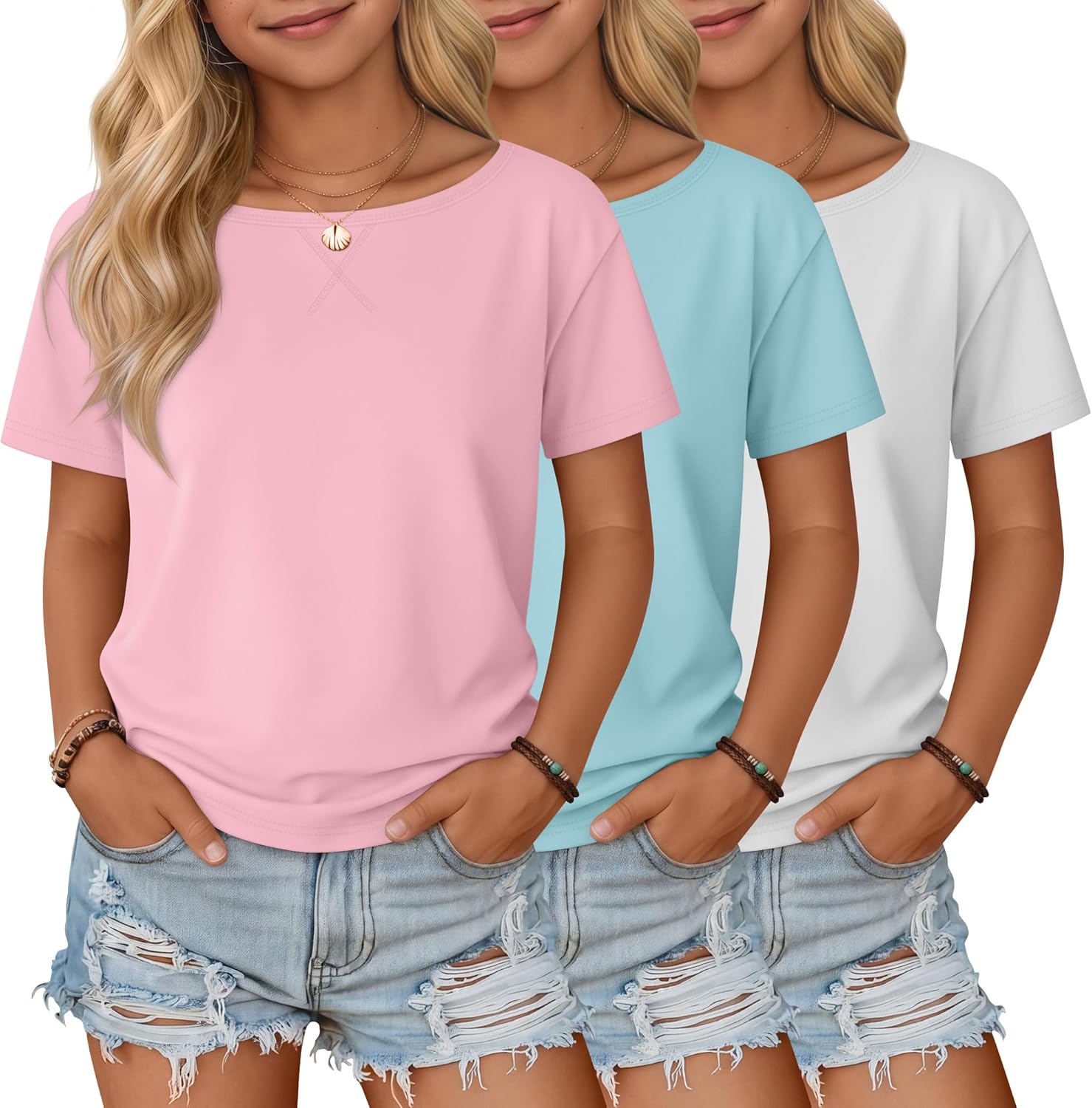 Oakgarden 3 Pack Girls' T Shirts Short Sleeve Tops Soft Boat Neck Cute Shirts Kids Lightweight Summer Loose Tees