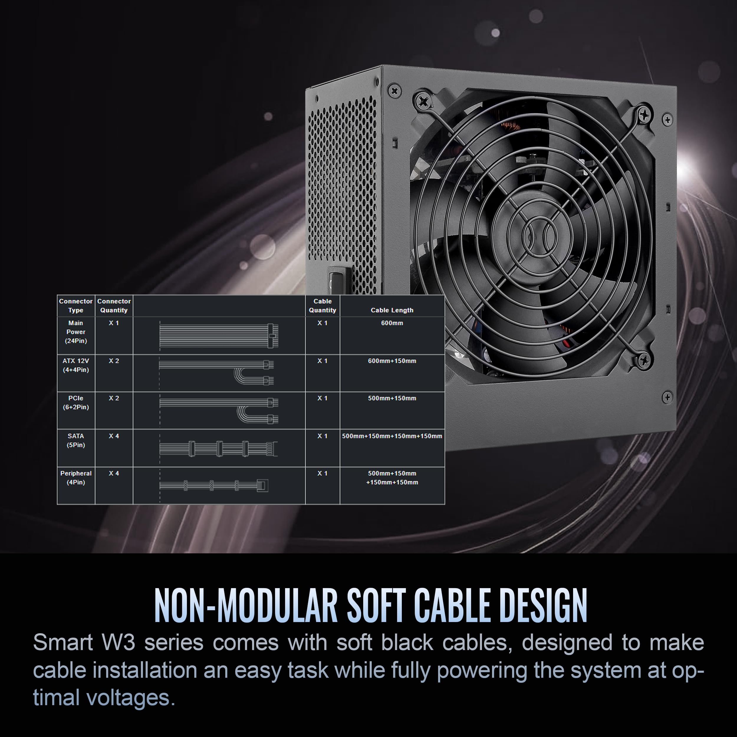 Fuente de alimentación Smart W3 Series 80Plus certificada de 700 W; especificaciones ATX v3.1; ventilador FDB de 4.724 in; 5 años de garantía; PS-SPW-0700NNFAWU-1 4