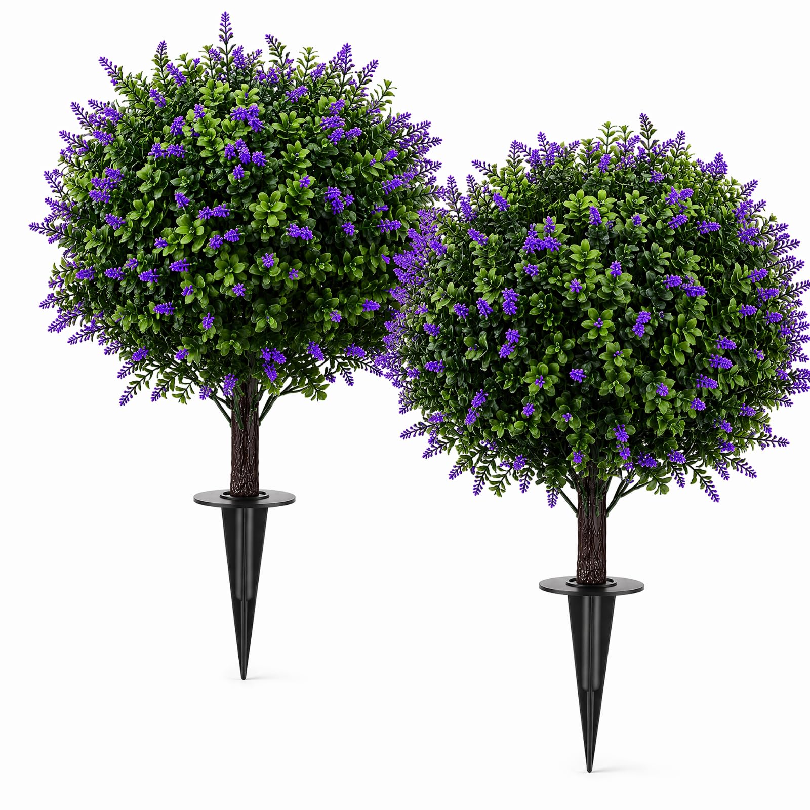 Künstlicher Lavendel 60 cm, Outdoor Kunstpflanzen Wetterfest UV mit Erdspieß, Kugel Ø 35 cm, Immergrüne Künstliche Pflanzen für Innen Außen Garten Balkon Veranda Wohnzimmer Deko, 2 Stück