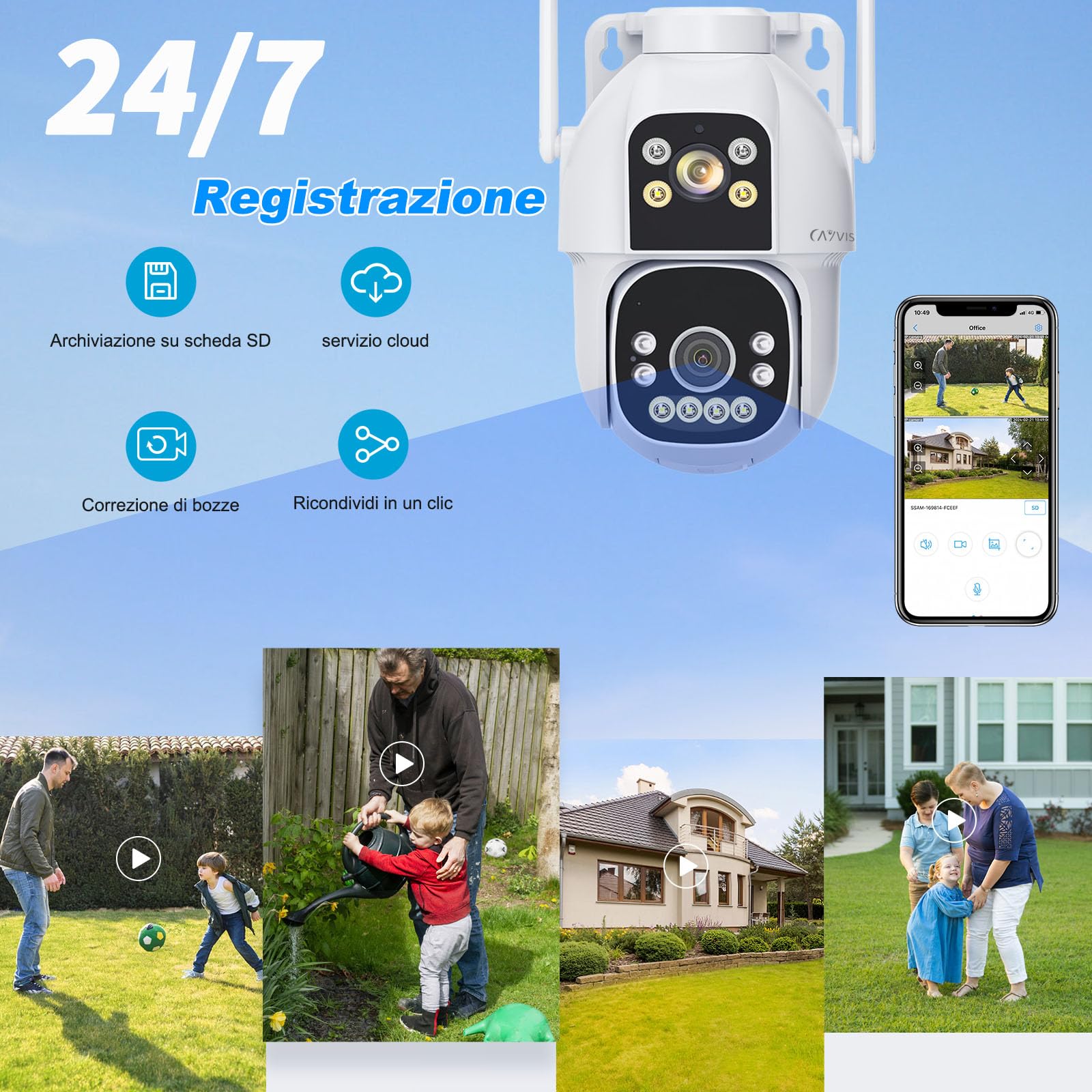 2MP+2MP Telecamera Wi-Fi Esterno, 2.4GHZ/5GHZ PTZ Videocamera Sorveglianza Esterno con Doppia Lente,FHD Tracciamento Automatico, Visione Notturna a Colori, Audio Bidirezionale, IP66 (Bianco)
