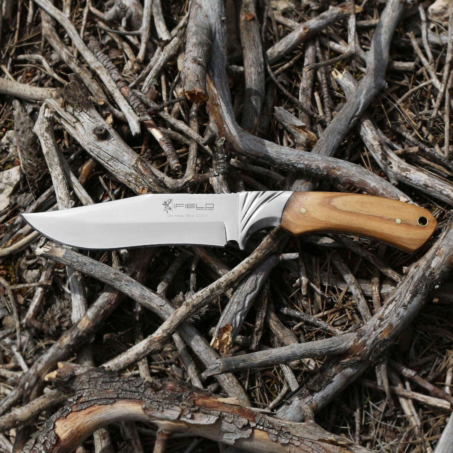 iFIELD EL29014 Coltello multifunzionale per escursioni, caccia e sopravvivenza all'aperto, manico in cervo, lama in acciaio inossidabile 3Cr13, fodero di alta qualità colore marrone