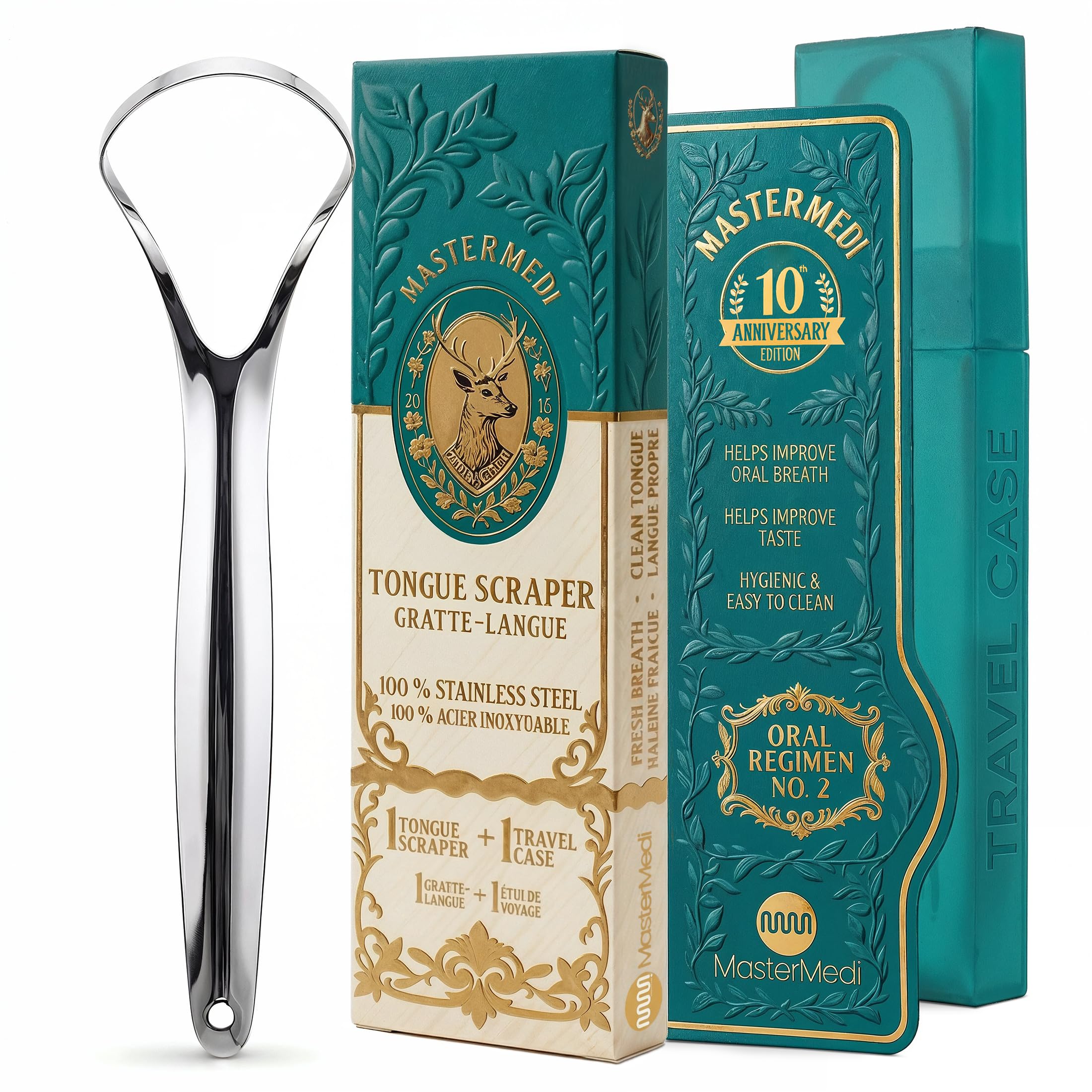 Photo 1 of MasterMedi Tongue Scraper for Adults, 100% Stainless Steel Tongue Scrubber for Bad Breath, Easy to Use, Tongue Cleaner for Oral Care & Hygiene (SPTC-1|with Case)
