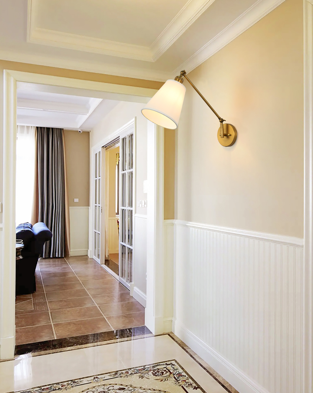Image of PERMO Retro Swing Arm Wall Sconce Plug in Wall Lamp Single Sconce Light Fixture with White Fabric Shade for Bedroom Living Room Home Office