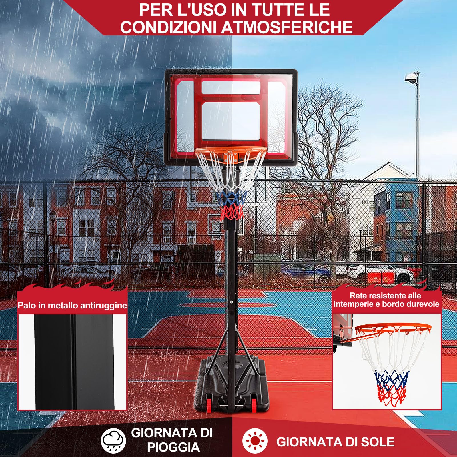 GYMAX Canestro Basket Portatile, Canestro da Basket Regolabile in Altezza 155-310 CM inclusi Pallone da Basket e una Pompa, con Tabellone Infrangibile 2 Ruote Base e Borsa, per Bambini e Adulti