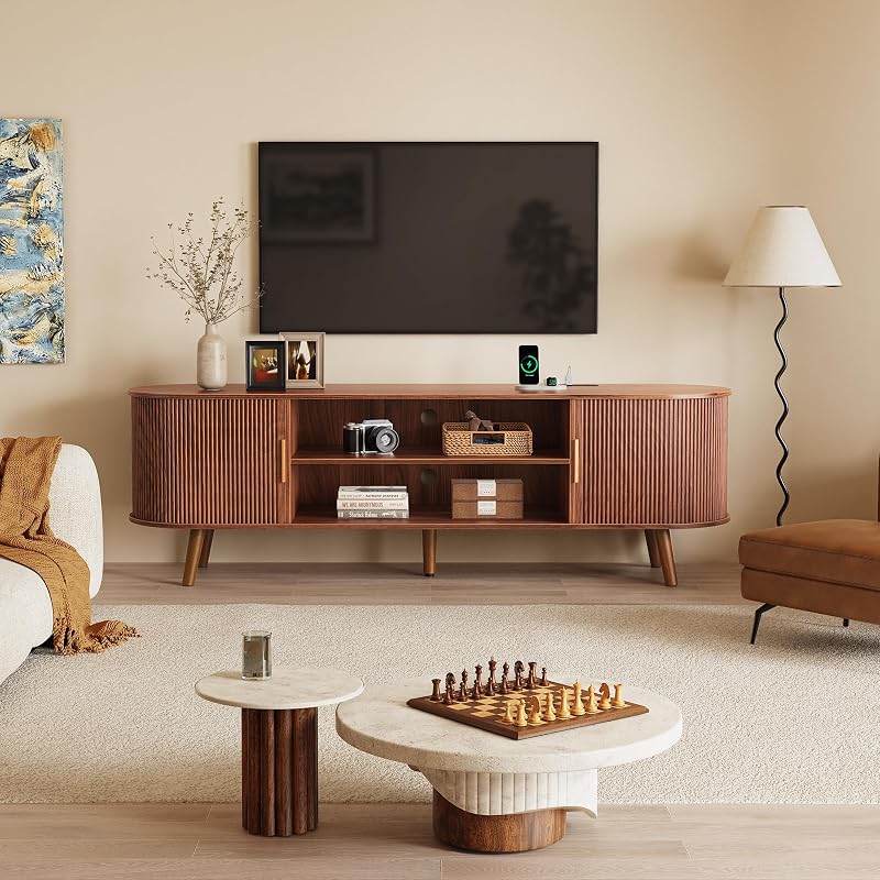PRAISUN 63 Inch Fluted TV Stand for TVs up to 55, 65 Inch, TV Media Console with Power Outlets and USB-C Port, Entertainment Center with Storage, Curved Sliding Doors, Adjustable Shelf, Brown