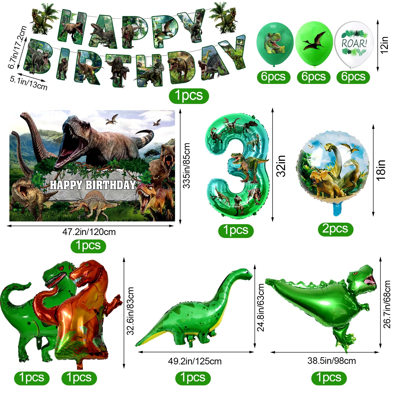 Dino-Geburtstagsballons – 17-teiliges Set Mit Folienballons, Zahlen, Sternen & Dinosaurier-Motiven