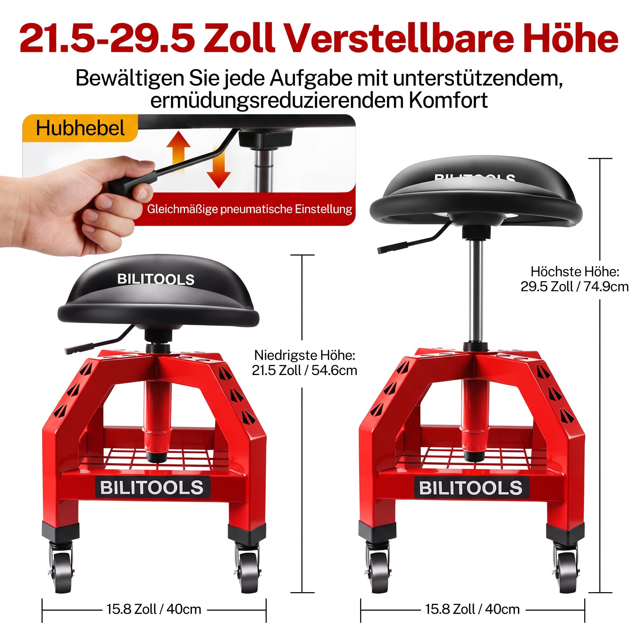 BILITOOLS Werkstatthocker mit Rollen, höhenverstellbar, 150 kg, Rückenlehne