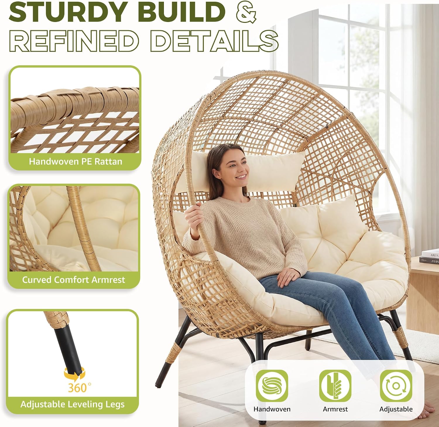RADIATA Oversized Double Egg Chair for 2 Person, Stationary Wicker Loveseat with Cushion and Legs, Sturdy Rattan Seat for Outdoor Patio Balcony Deck Garden Living Room or Indoor Use, Beige