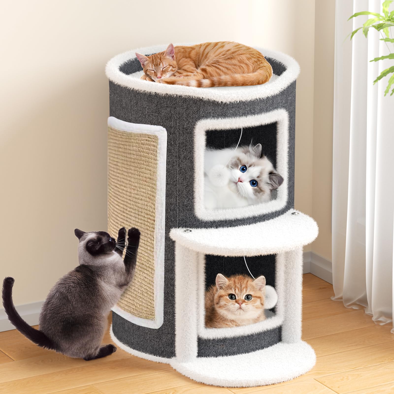 Katzenhöhle Katzenfass, Katzenhaus mit Kratzbrett für Indoor-Katzen,Kratzbaum Klein mit Plattform, Höhle Katzenverstec Katzentonne Katzenbett Katzenmöbel mit Spielball (Grau, 40X50X60CM)