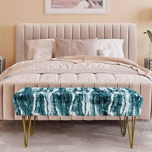 Miniatura 42 de Banco largo rectangular azul otomano suave de piel sintética de 46 x 16 x 22 pulgadas, taburete reposapiés peludo para dormitorio al final de la