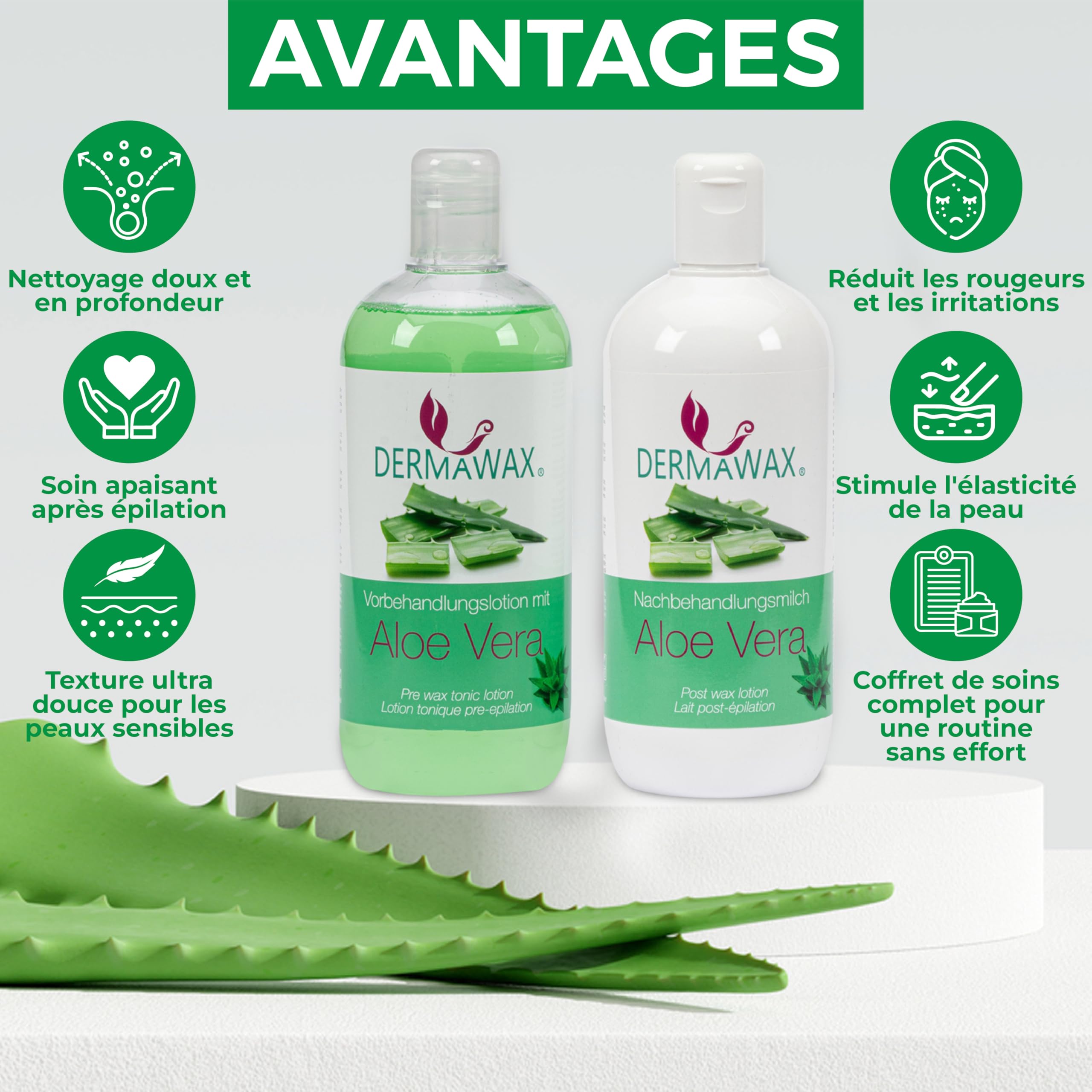 Dermawax Kit Pré & Post Épilation 2x500 ml – Lotion Tonique Aloe Vera Avant Cire Chaude, Perles de Cire ou Sugaring + Lait Après-Épilation Aloe Vera – Soin Homme & Femme – Made in Italy