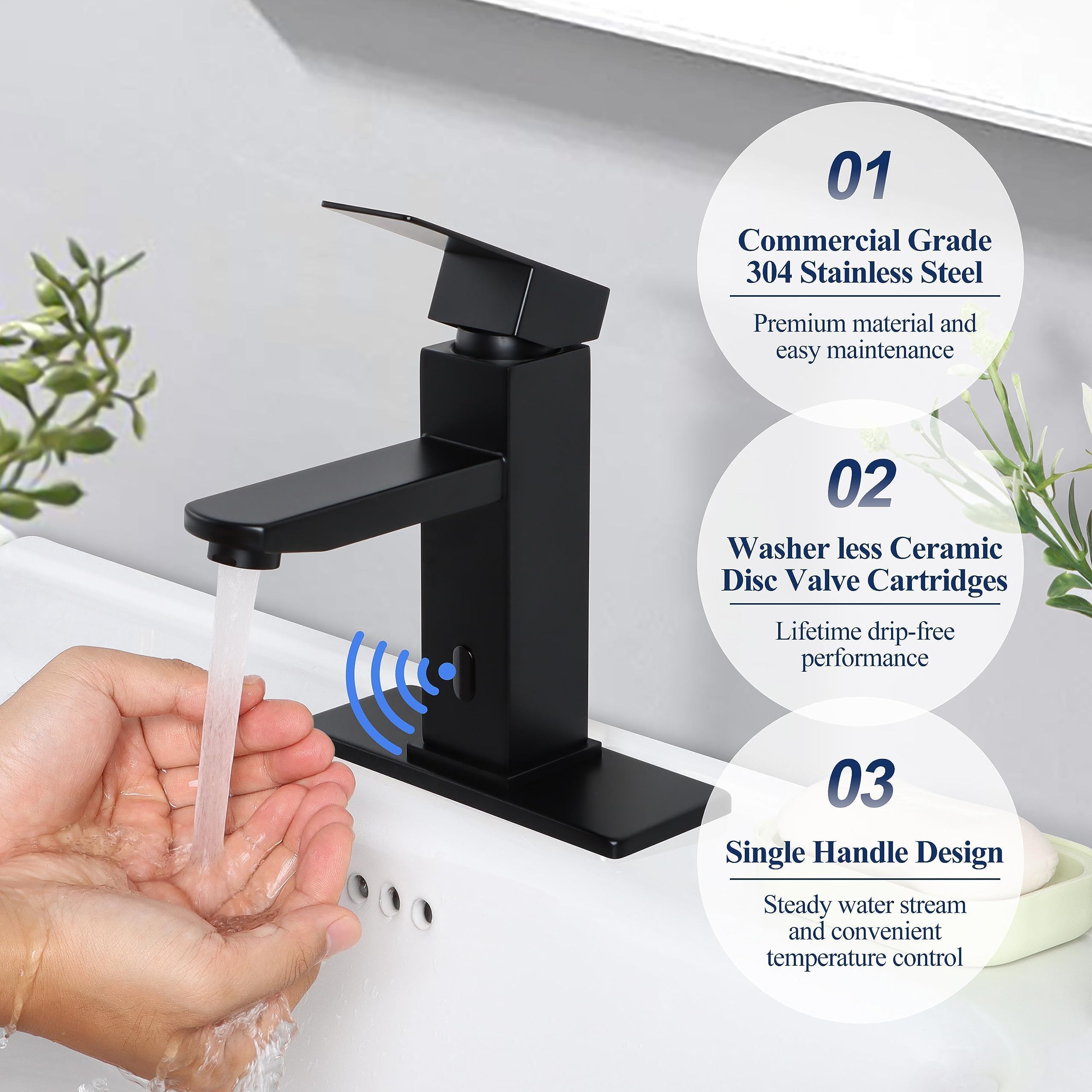 Herogo Grifo de lavabo de baño sin contacto negro mate SUS 304 de acero inoxidable para 3 agujeros o 1 agujero único con manguera, placa de cubierta de 6 pulgadas y drenaje desplegable