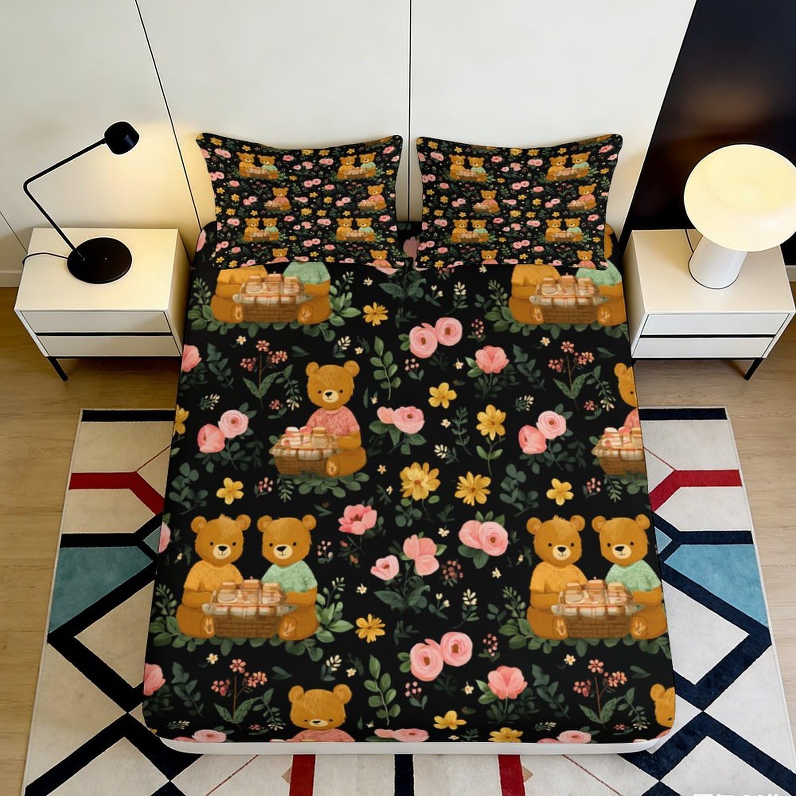 3D Printed Bear Floral Fitted Sheet Microfiber Soft Durable 3D Printed Teddy Mattress Cover for Bedroom Dormitory Guest Room Mattress Protection Decor 180x200x25cm