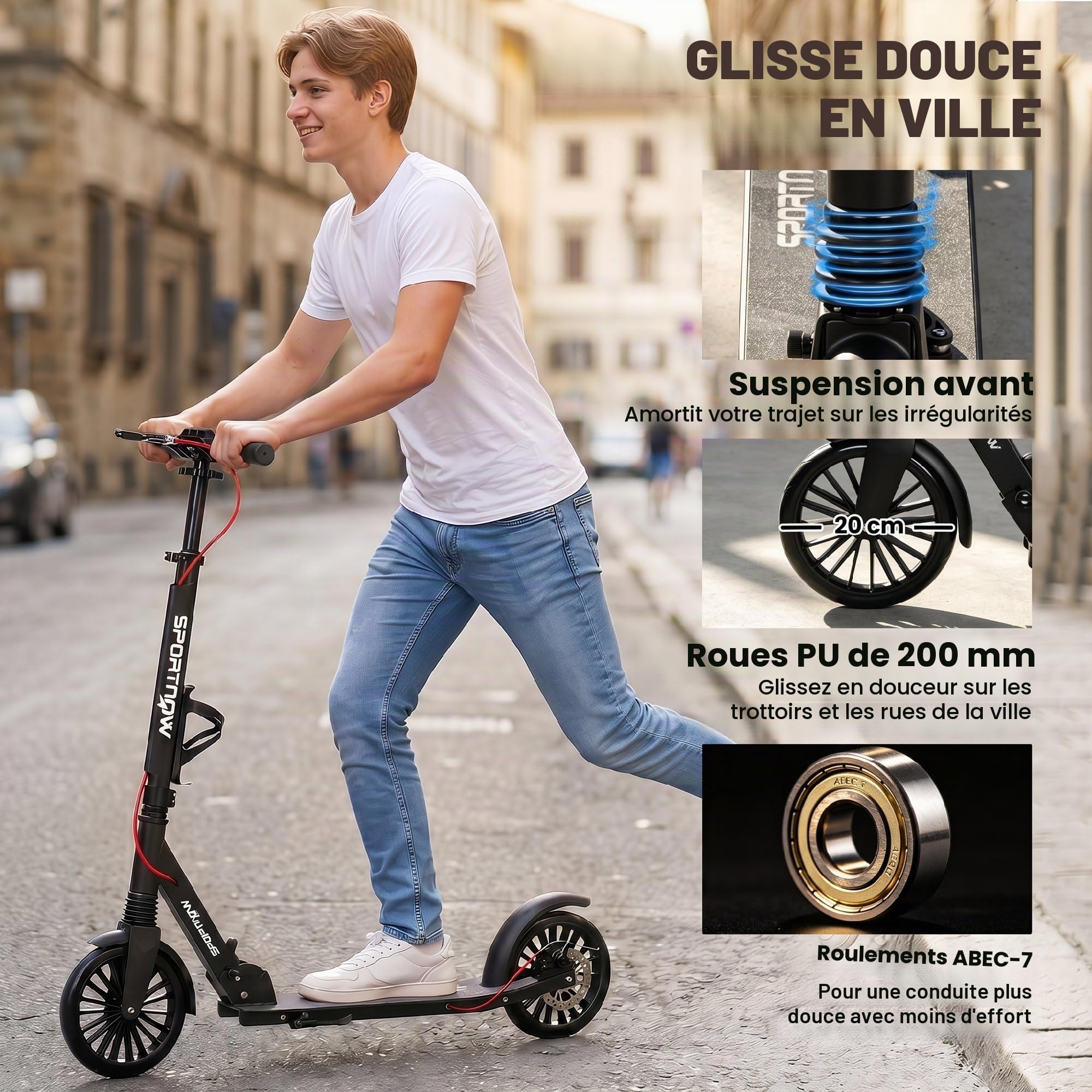 SPORTNOW Trottinette de ville en aluminium réglable en hauteur et pliable, avec roues en polyuréthane de 200 mm, roulements à billes ABEC-7, double système de frein, porte-gobelet, jusqu'à 100 kg