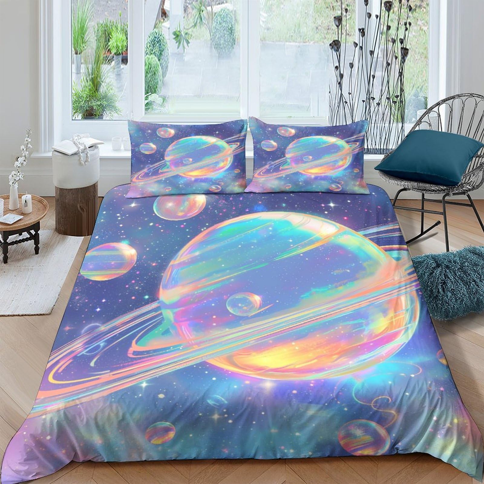 Housse de couette motif planètes 220 x 240 avec taies d'oreiller à zip