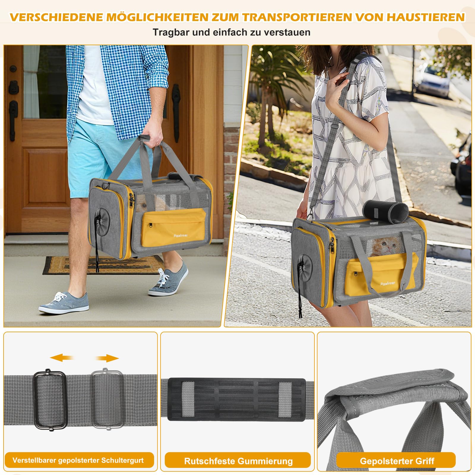 Transportín Perro Gato, Pawinner Transpirable Bolsa de Transporte para Mascotas, Llevar en Mano y Hombro 2 en 1, Plegable Fuardar, Adecuada para Gatos y Perros de hasta 9kg, 45 * 33 * 33cm
