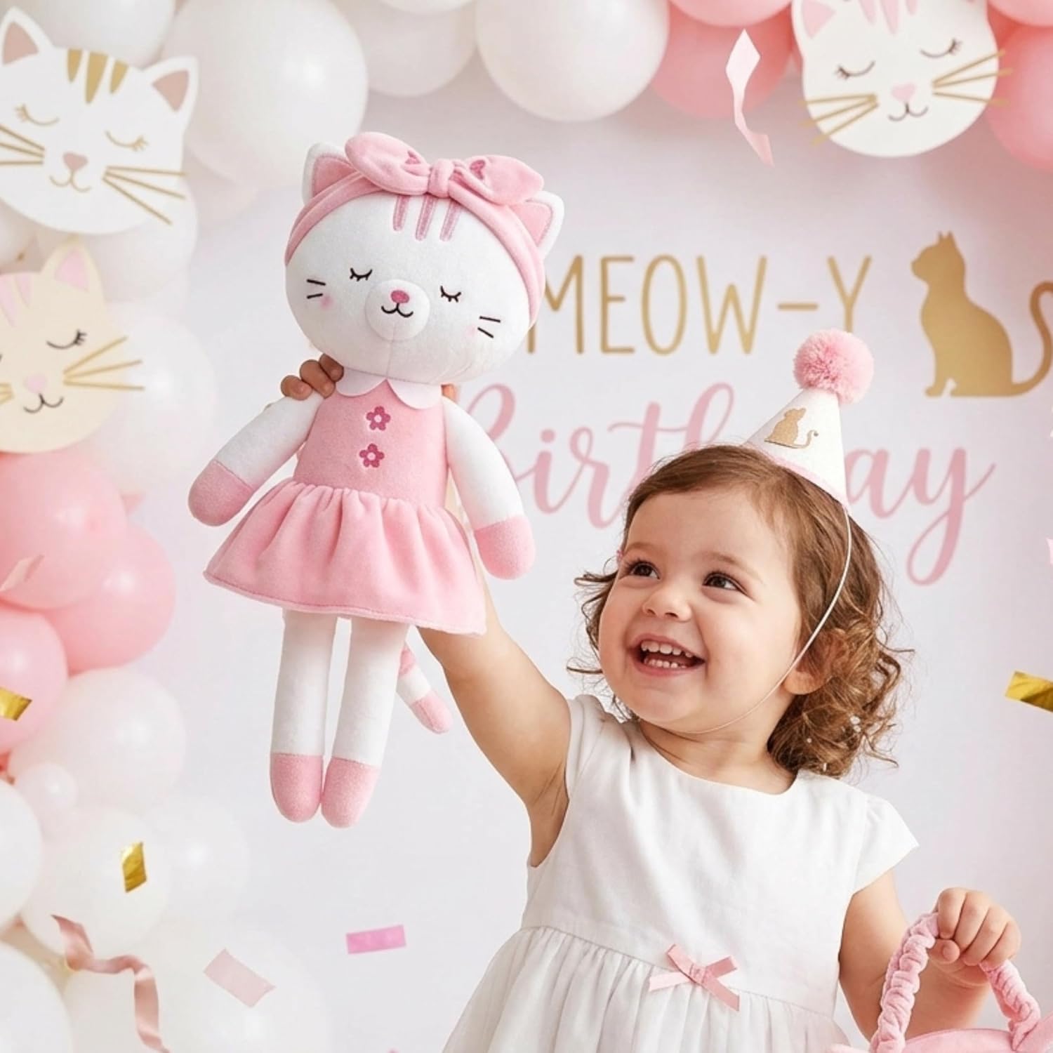 Lazada Stuffed Cat Dolls Animal Kitty Plush Toy Baby Girl Gifts White with Hair Band 16" image 2