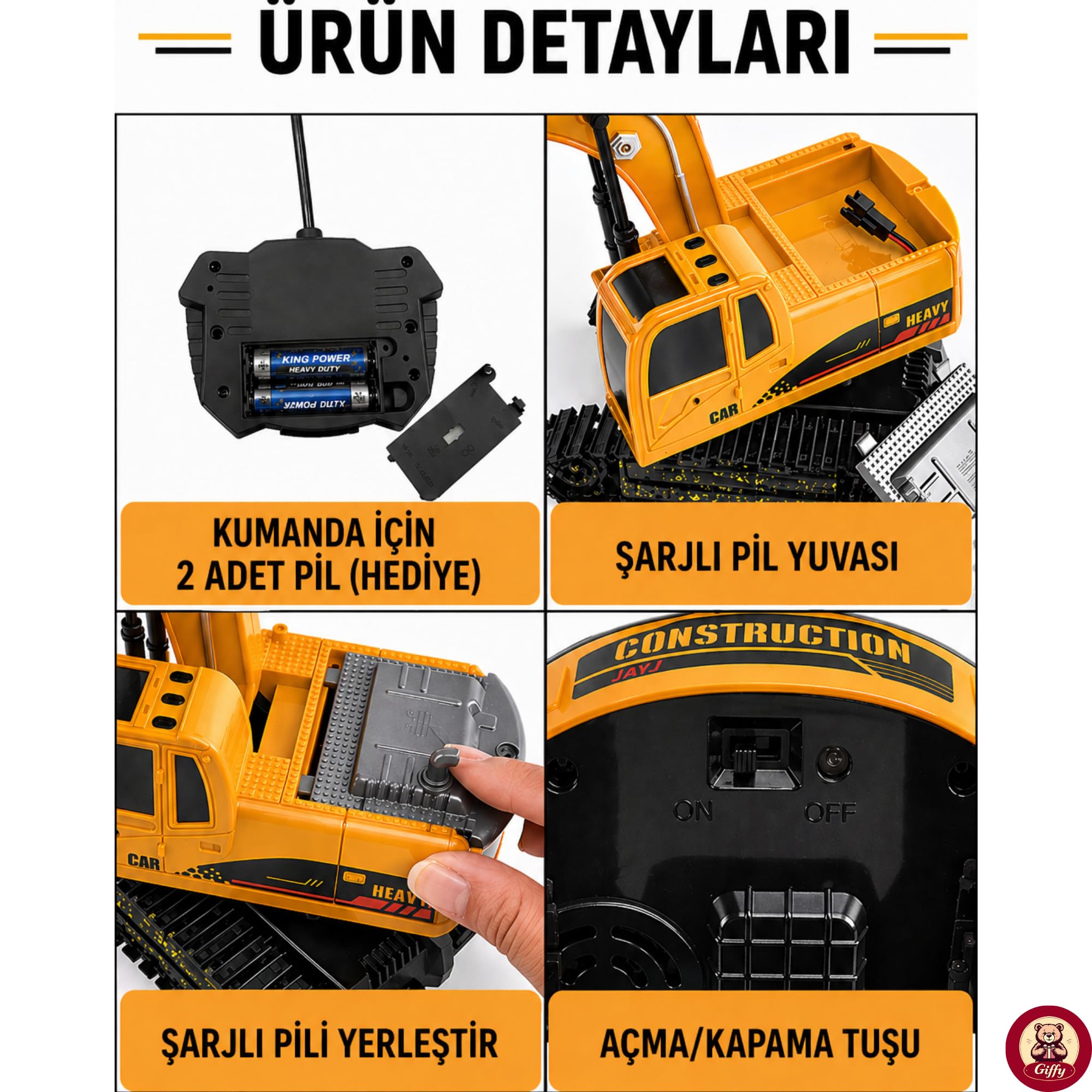 Oyuncak Şarjlı Işıklı Uzaktan Kumandalı Ekskavatör - Kepçesi Hareketli 1:24 Ölçek