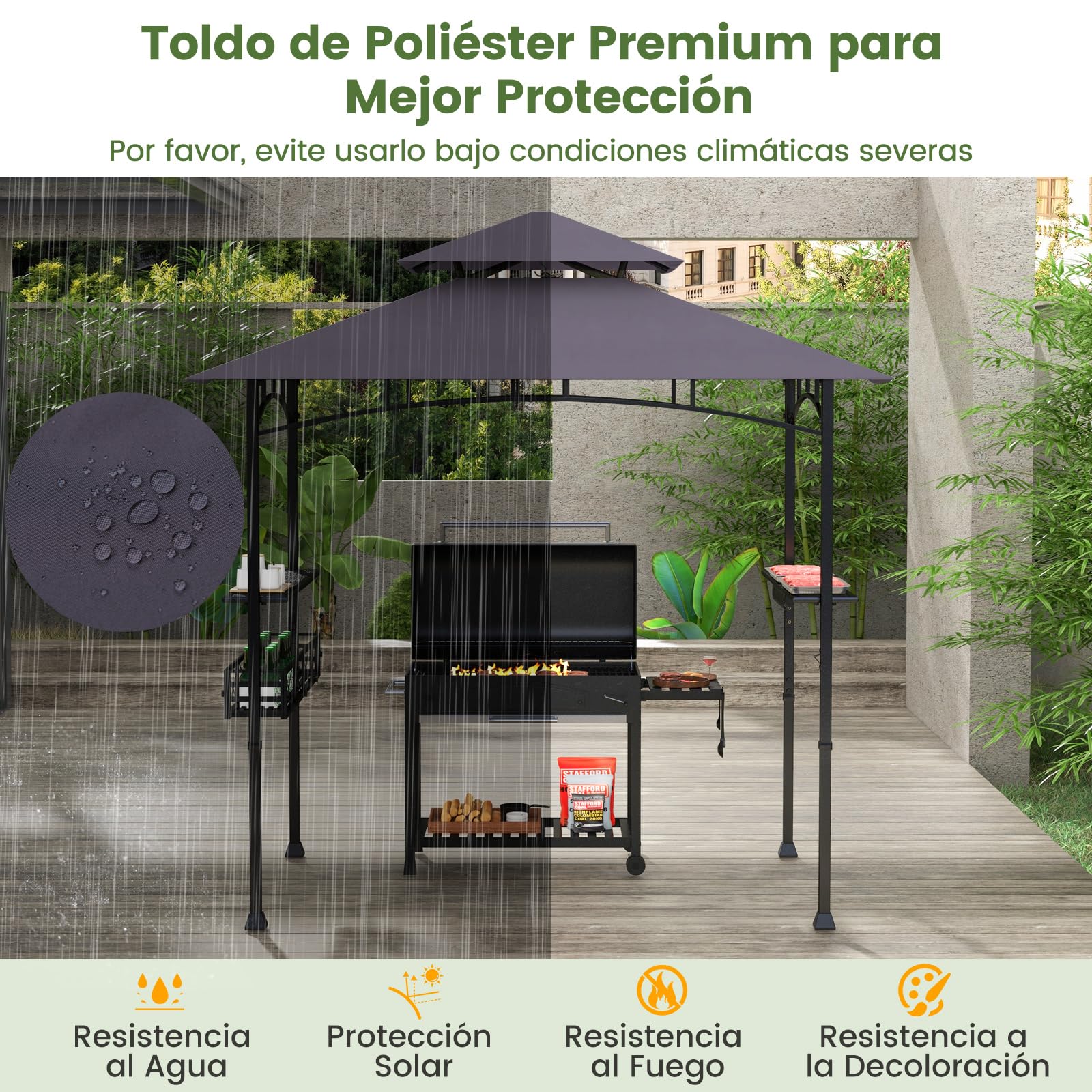 GOPLUS Cenador de Barbacoa Exterior 242x153x250cm, Carpa de Doble Techo con 2 Estantes Laterales, 20 Ganchos, Abridor de Botellas y Cesta, Pergola Barbacoa para Jardin Patio (Gris Oscuro)