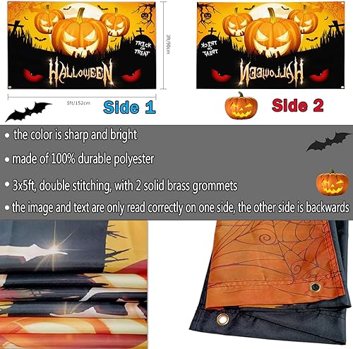 Miniatura 4 de Bandera de Halloween de 3 x 5 para exteriores, bandera de calabaza de Halloween de doble cara para interiores y exteriores, decoración de Halloween,