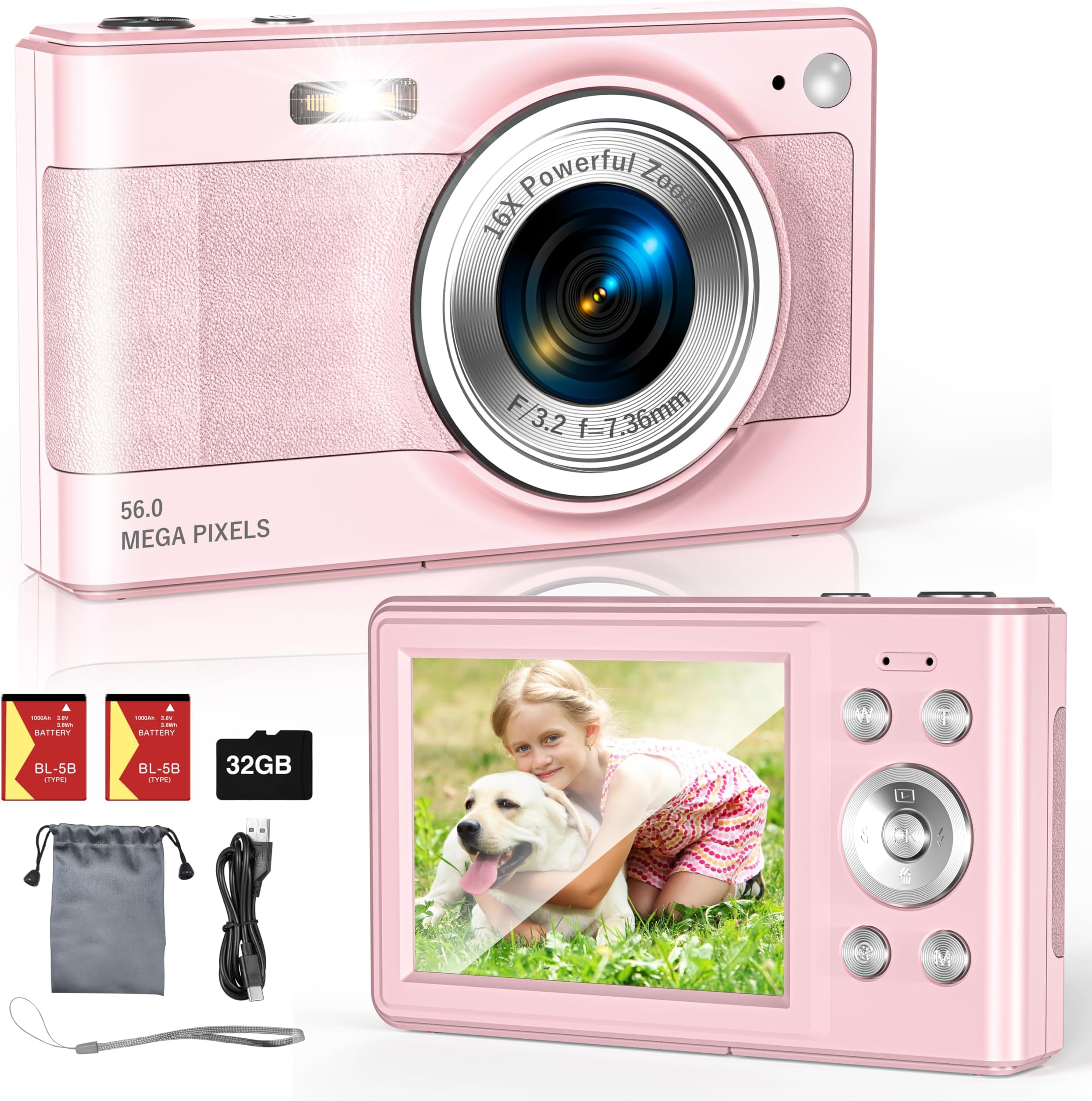 Upgrade Kids Digital Camera - 56MP FHD 1080P with 16x Zoom, Anti-Shake, 32GB TF Card, Two Batteries, Lanyard - Compact Small Camera for Kids (Pink)