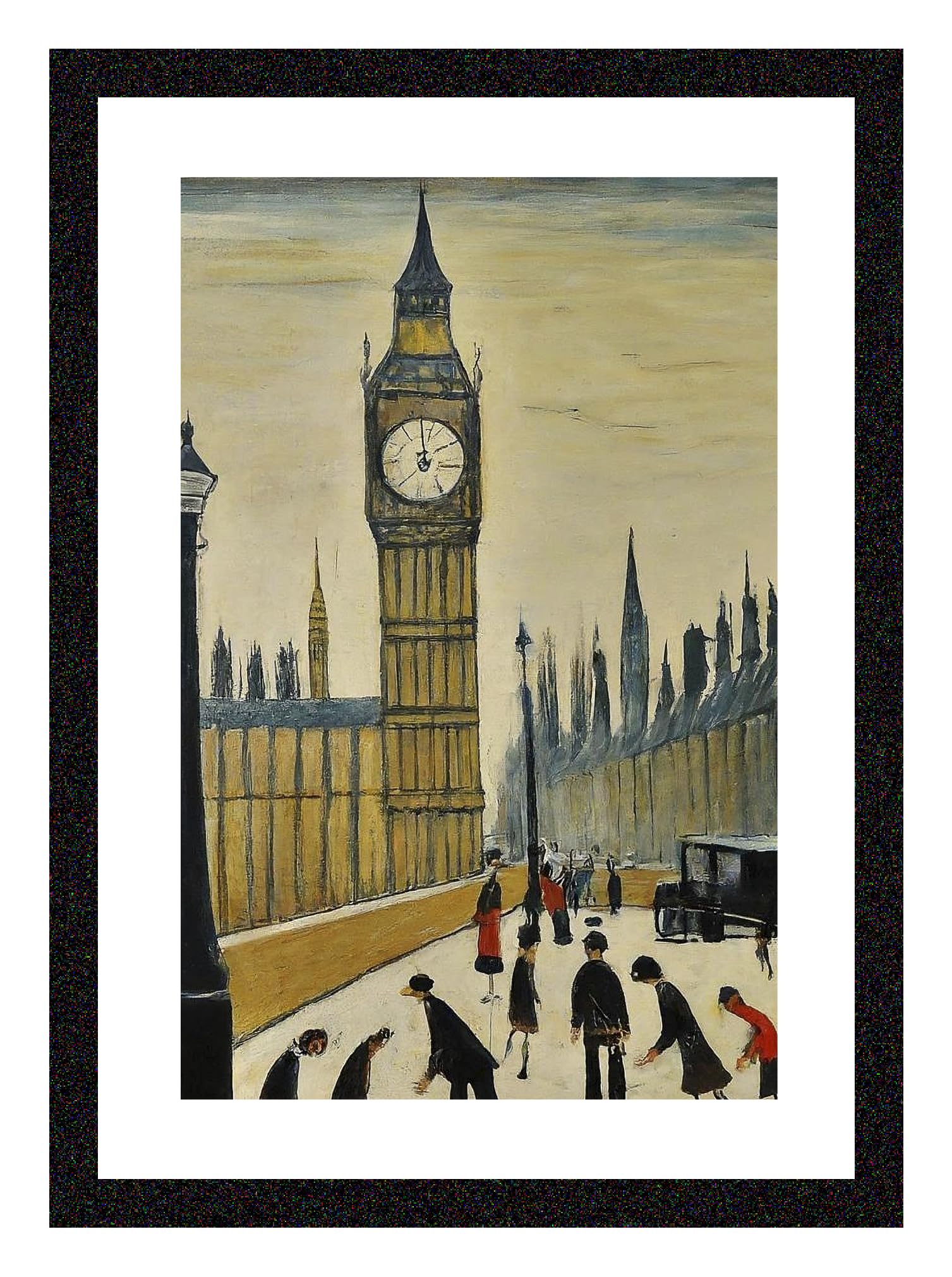 Greetingles Lowry-Style Framed Print. Beautiful Black Ash Frame. Various Designs (Lowry, A4 Big Ben) — image 1