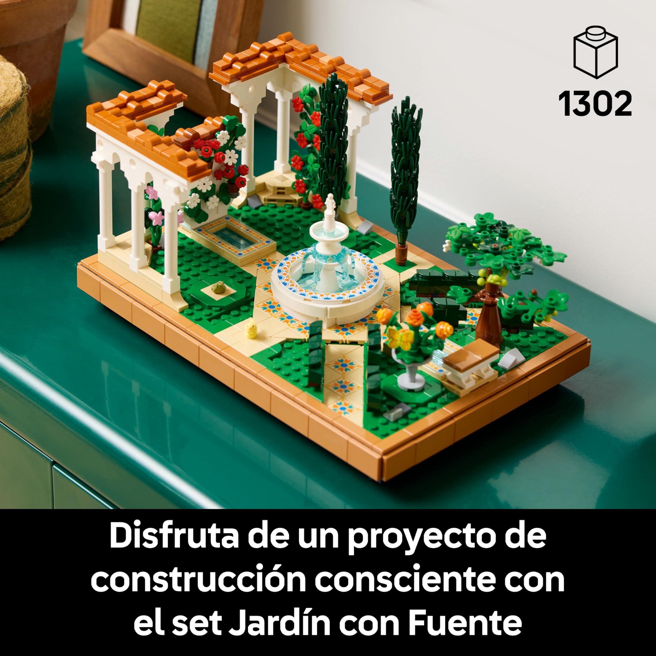 LEGO Icons Jardín con Fuente Maqueta para Adultos con Plantas y Flores Artificiales: Caléndula, Buganvilla, Geranio, Decoración para el Hogar, Figura de Pájaro, Regalo para Mujeres y Hombres 10359