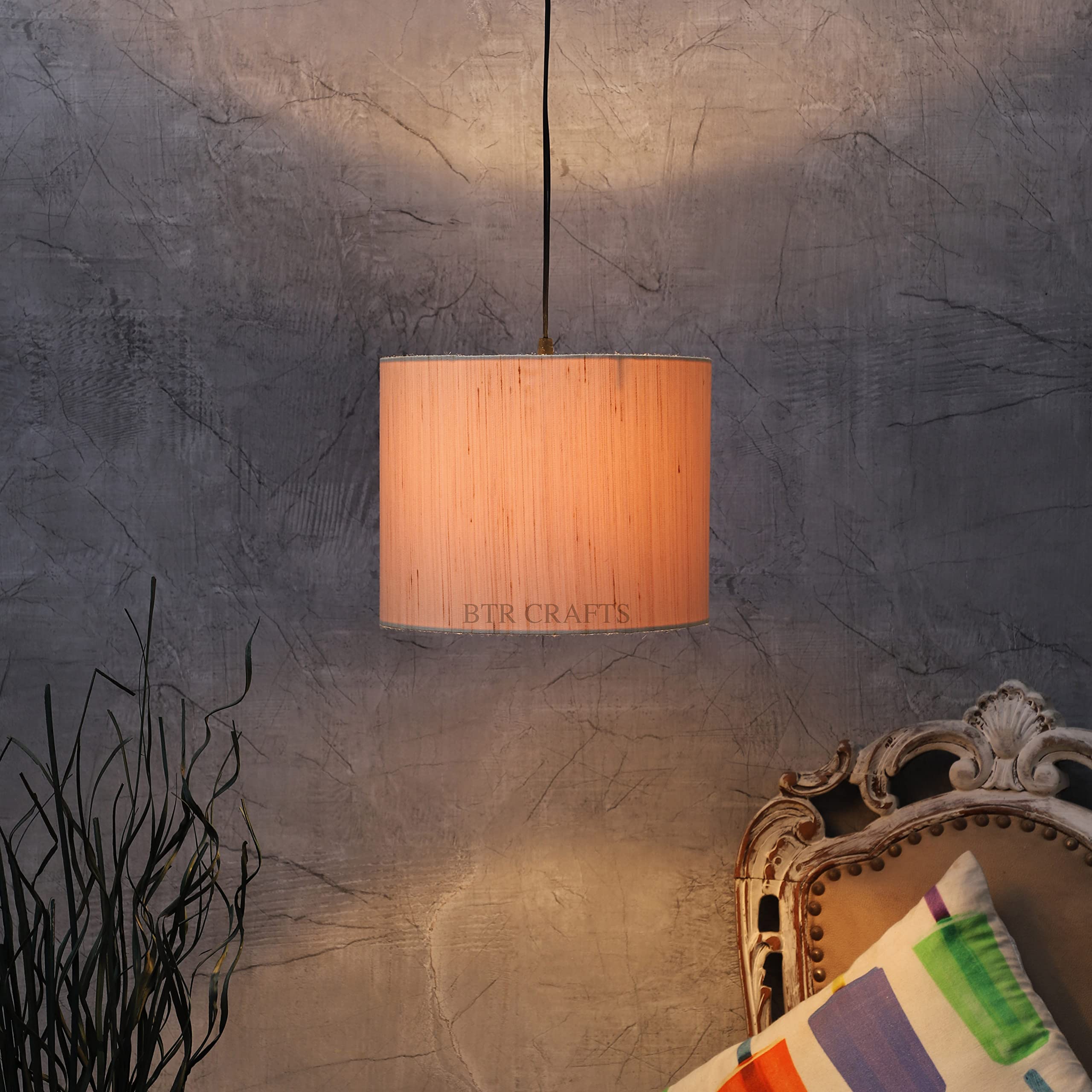 Cream Texture Color Hanging Drum Lamp Shade, Decorative Light Lamp for Living Room, Home, Bedroom, Home Décor Lightning/Black Canopy (10" Inches)-image-43