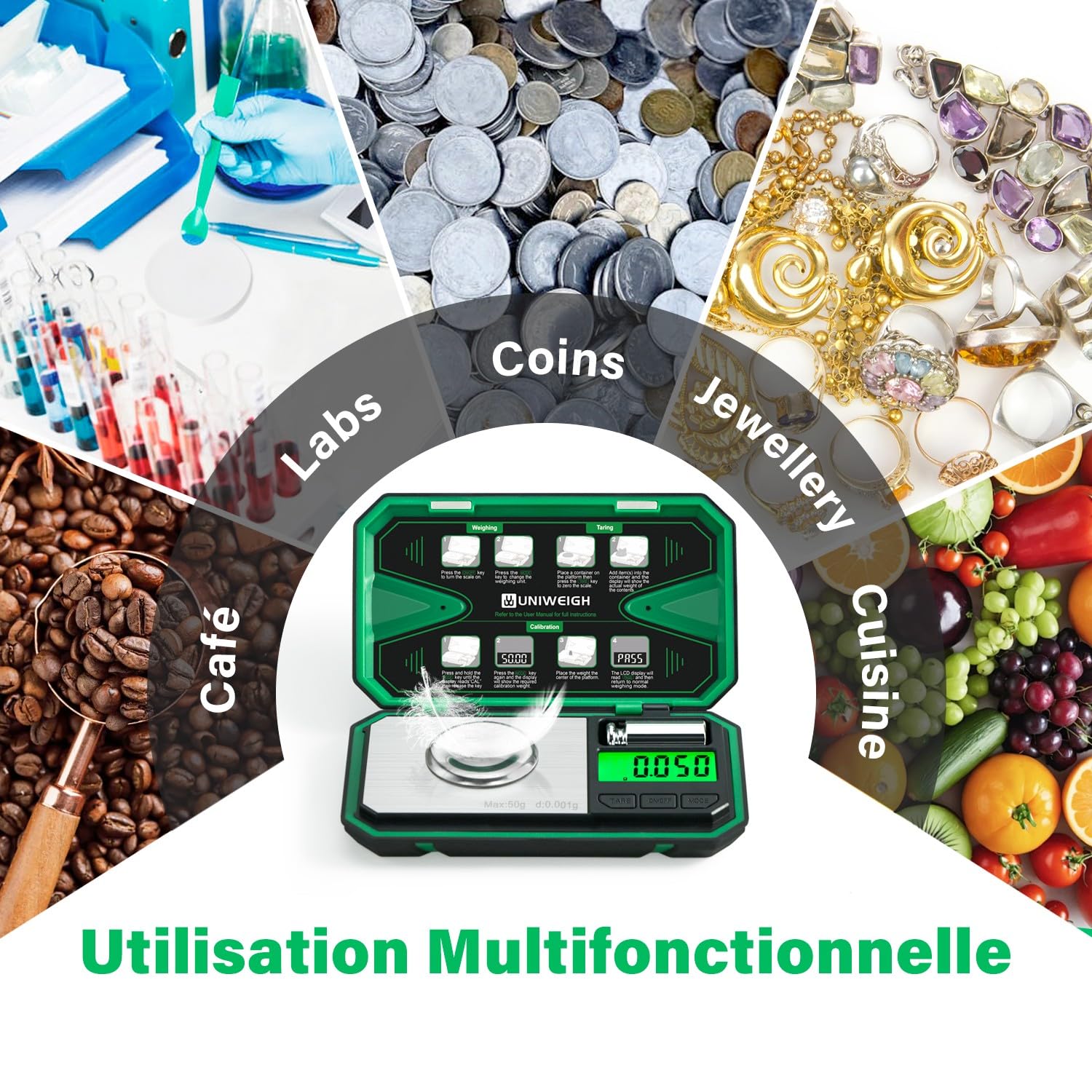 UNIWEIGH Balance de précision 0,001 g/50 g, balance numérique pour bijoux, poudre, pièces de monnaie, or, gemme, rechargement, micro-grammes avec 6 unités, tare, poids cal, balance mg de poche