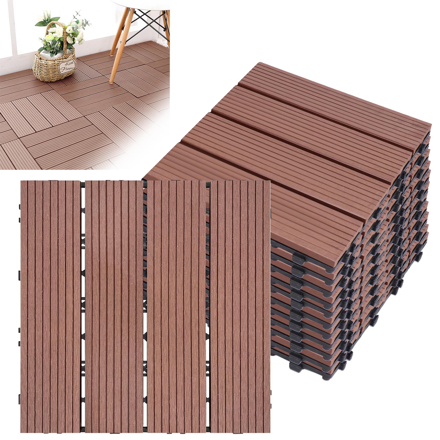 Froadp WPC Pavimenti di Legno per Esterno, 30x30cm Tavole di Terrazza, Pavimentazione Impermeabile con Sistema di Drenaggio e Click, Piastrelle Antiscivolo per Balconi Giardino (2㎡, Marrone)