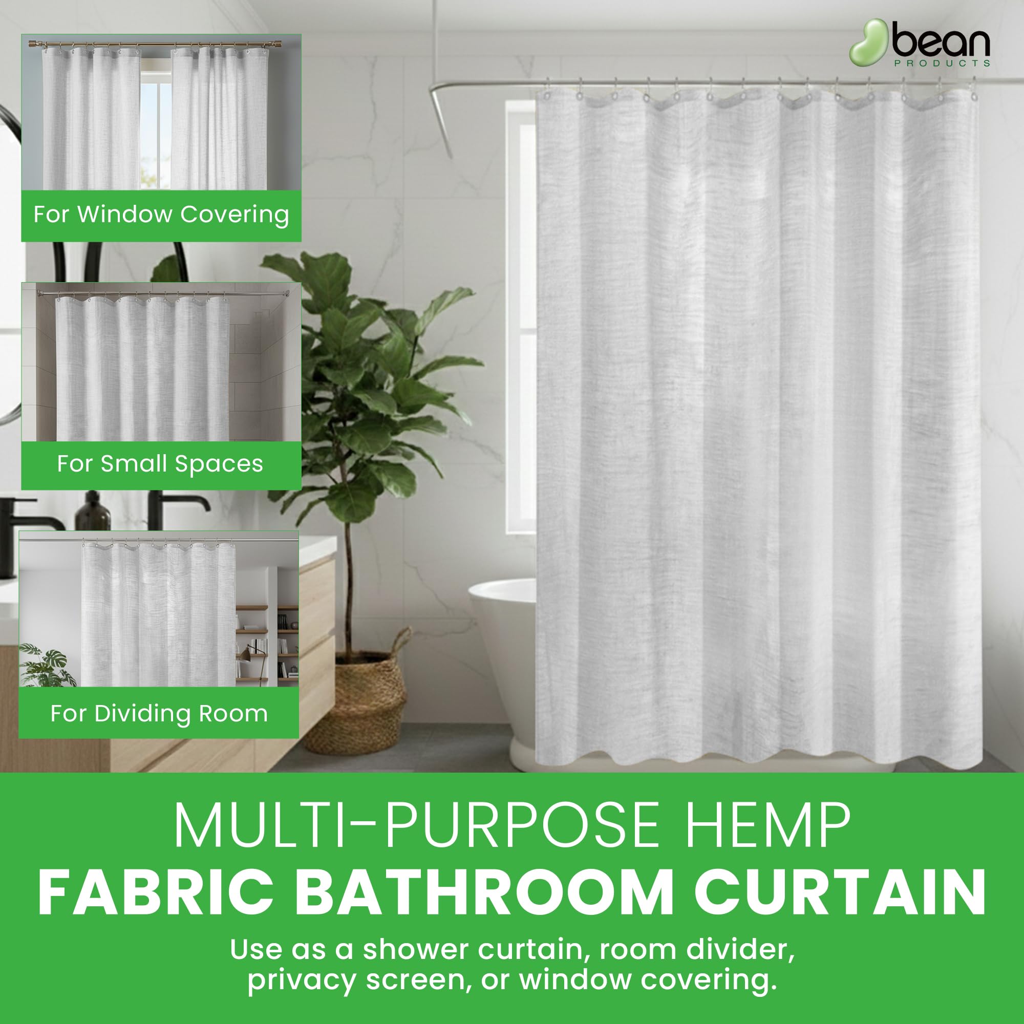 Bean Products Hanfstall Duschvorhang (weiß), 91,4 x 188 cm, natürliche Materialien, hergestellt in den USA, funktioniert mit Badewannen-, Badewannen- und Stallduschen