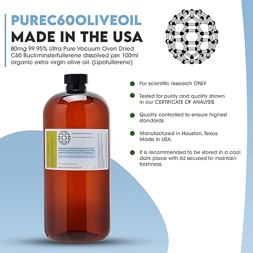 Miniatura 9 de PureC60OliveOil C60 - Aceite de oliva C60 de 1.7 fl oz, 99.95% de carbono 60, sin disolventes, 40 mg (131.2 ft), botella de vidrio ámbar, grado